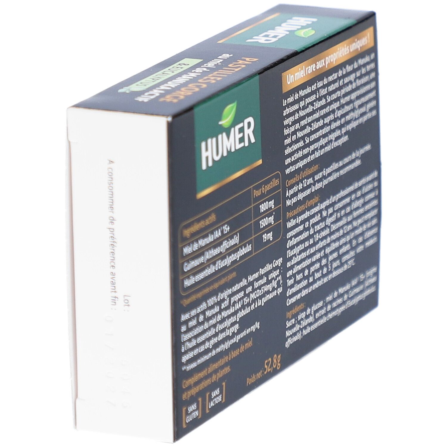 Côté de la boîte HUMER Pastilles Gorge. Fond noir, texte en français. Poids 52,8g. Date de péremption.