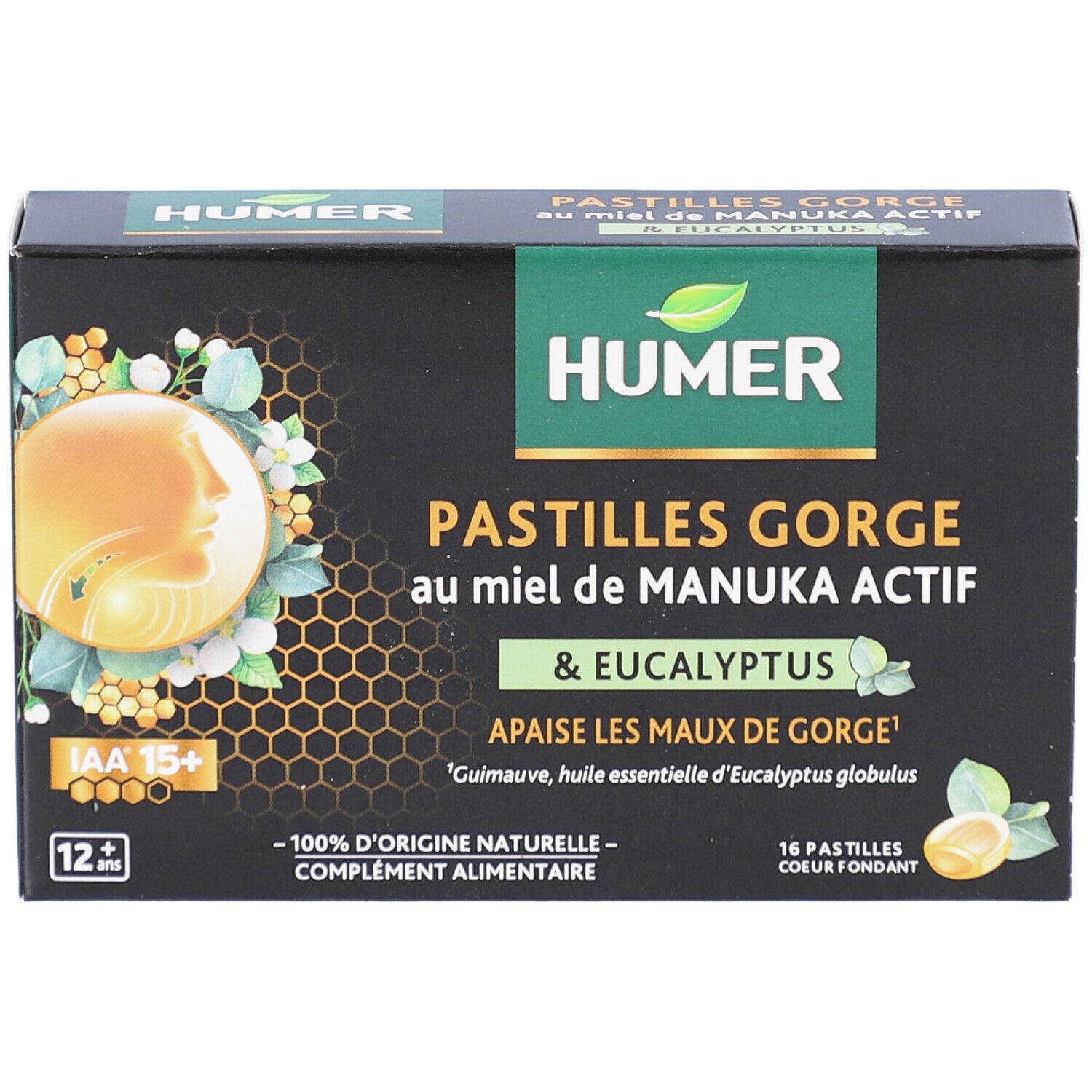 Boîte HUMER Pastilles Gorge. Fond noir, accents jaunes et verts. Texte: Pastilles Gorge au miel de Manuka Actif & Eucalyptus. 16 pastilles.
