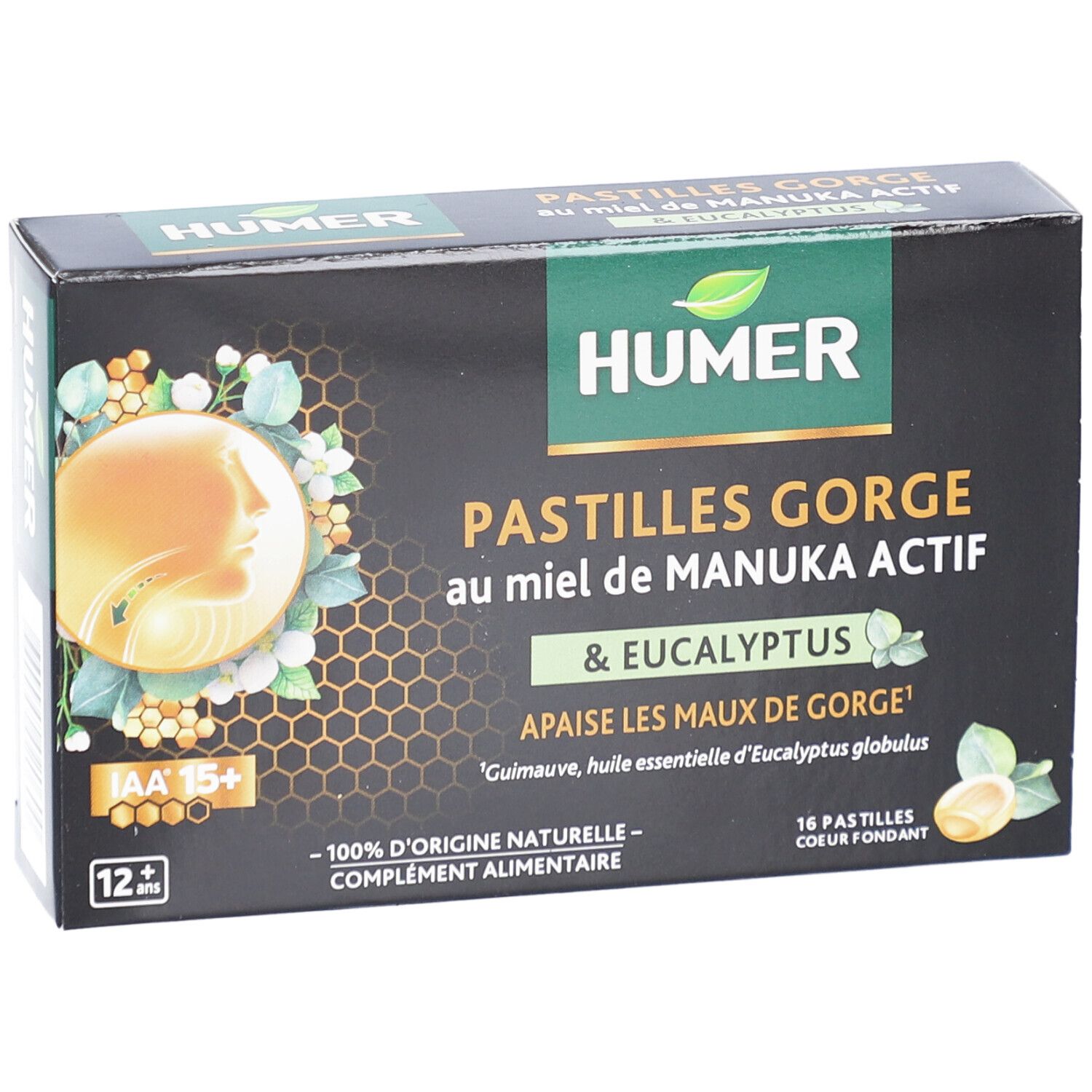 Boîte HUMER Pastilles Gorge. Fond noir, accents jaunes et verts. Texte: Pastilles Gorge au miel de Manuka Actif & Eucalyptus. 16 pastilles.
