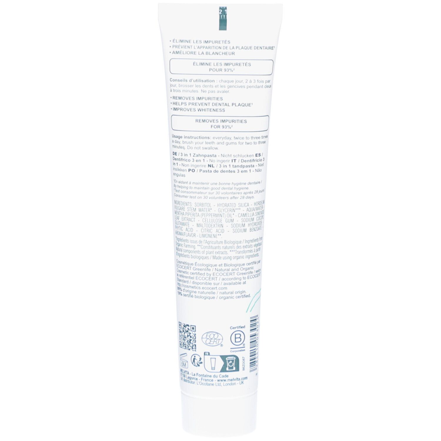 Dos du tube de dentifrice. Texte avec ingrédients et instructions. Certification bio et code QR.