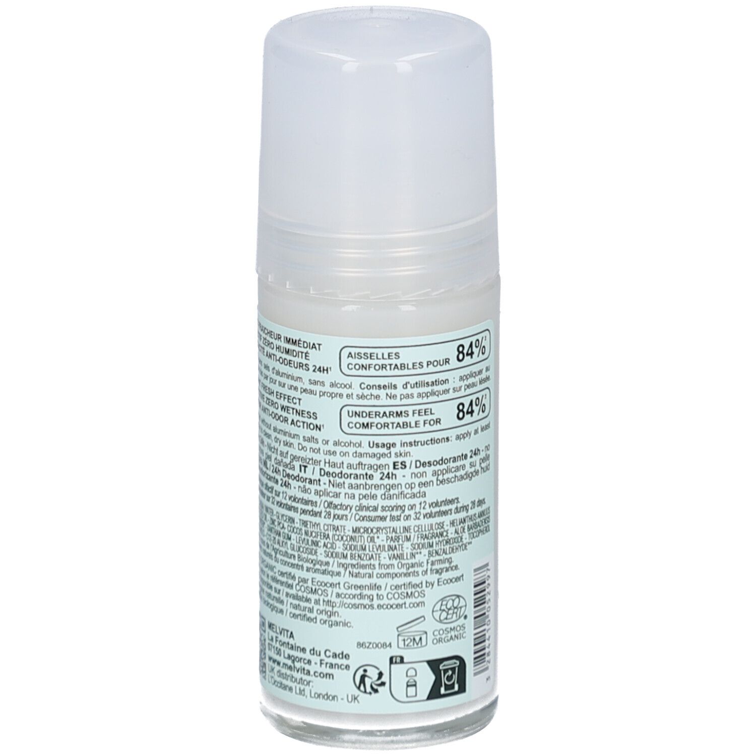 Déodorant 24H Melvita. Vue arrière du flacon. Étiquette avec informations, ingrédients et label bio.