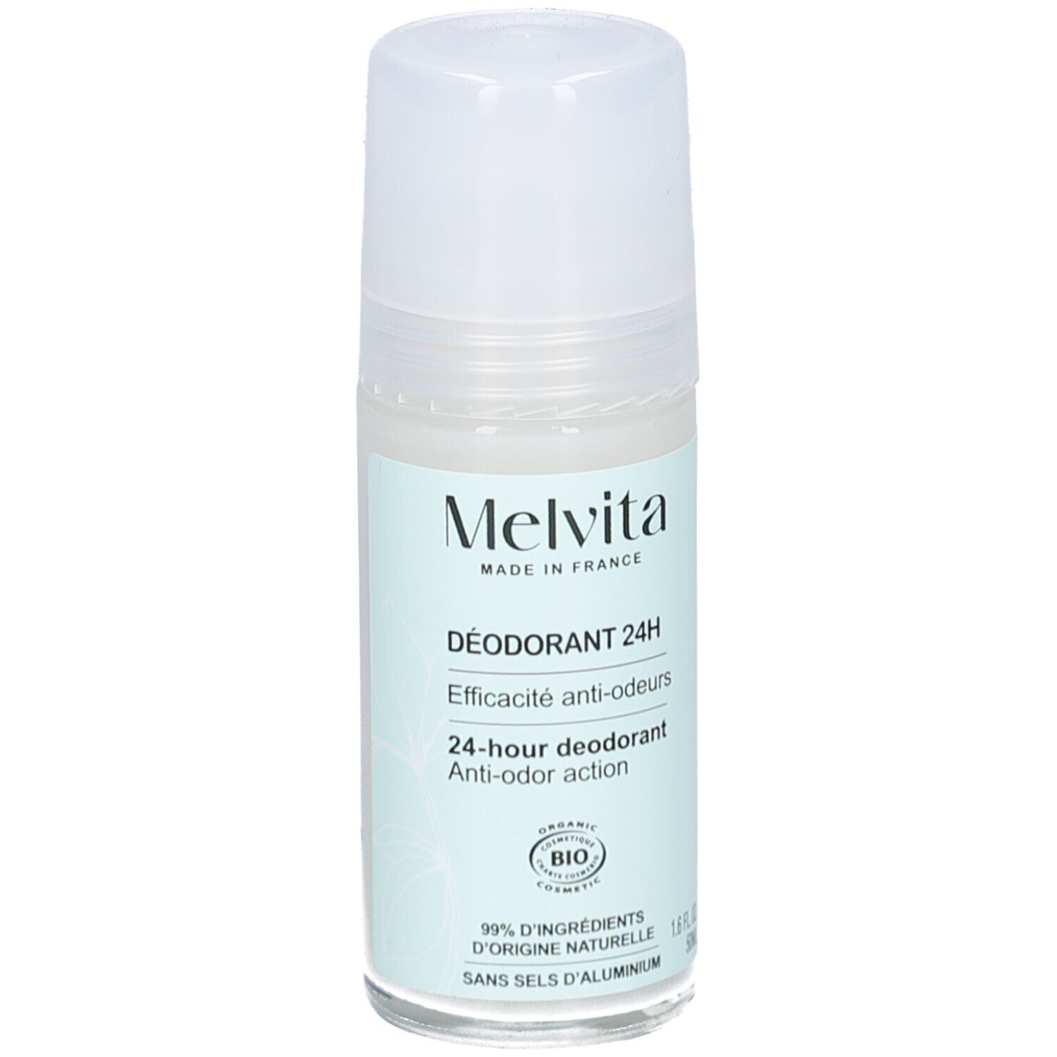 Déodorant 24H Melvita. Flacon roll-on avec bouchon blanc. Étiquette vert clair avec informations et label bio.