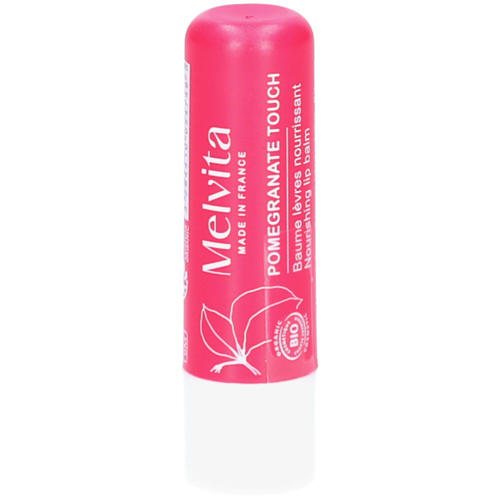 Baume à lèvres Melvita Pomegranate Touch dans un tube rose avec motif feuille et label BIO.