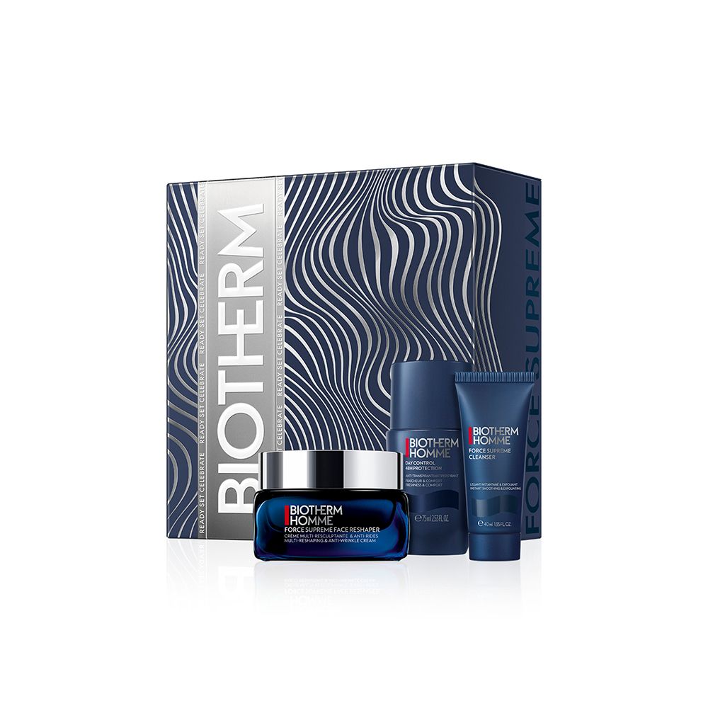 Coffret BIOTHERM Force Supreme. Crème, lotion et gel bleus. Coffret bleu et argent avec logo BIOTHERM.