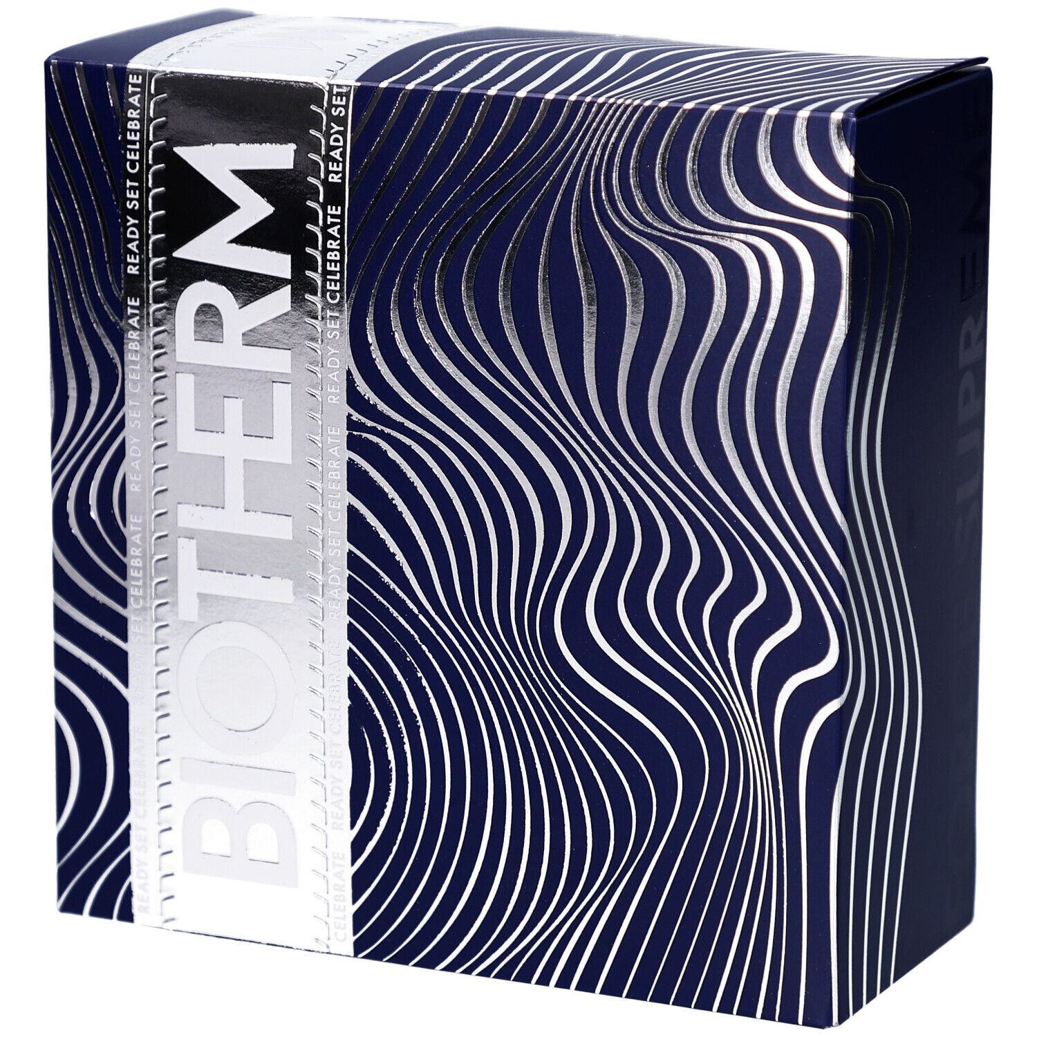 Coffret cadeau bleu et argenté avec motif ondulé et logo BIOTHERM. Inscription "READY SET CELEBRATE".