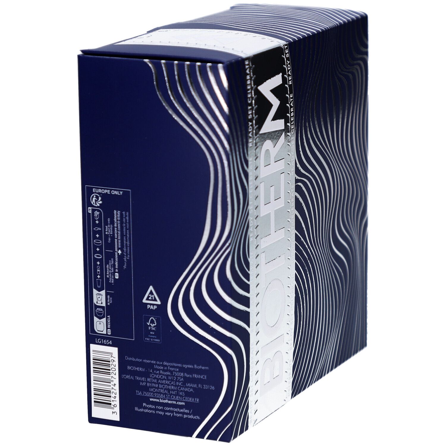 Dos du coffret cadeau bleu avec motif ondulé. Logo BIOTHERM et informations produit.