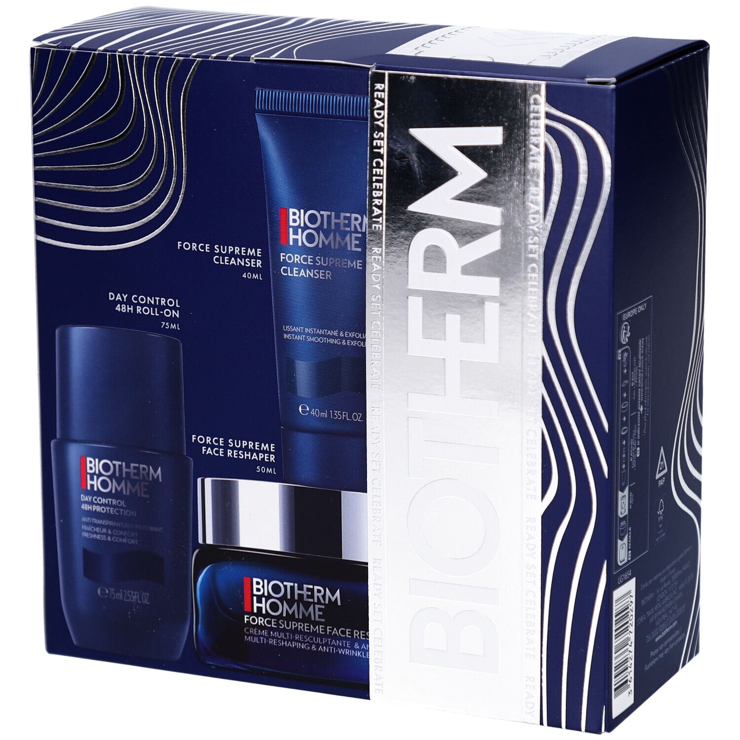 Coffret cadeau ouvert avec produits BIOTHERM : nettoyant, crème visage et déodorant.