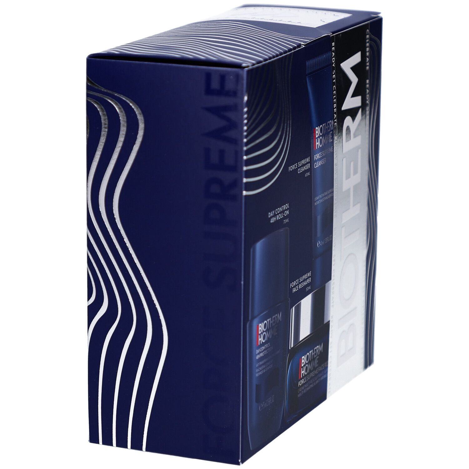 Vue latérale du coffret cadeau ouvert avec produits BIOTHERM. Emballages bleus.