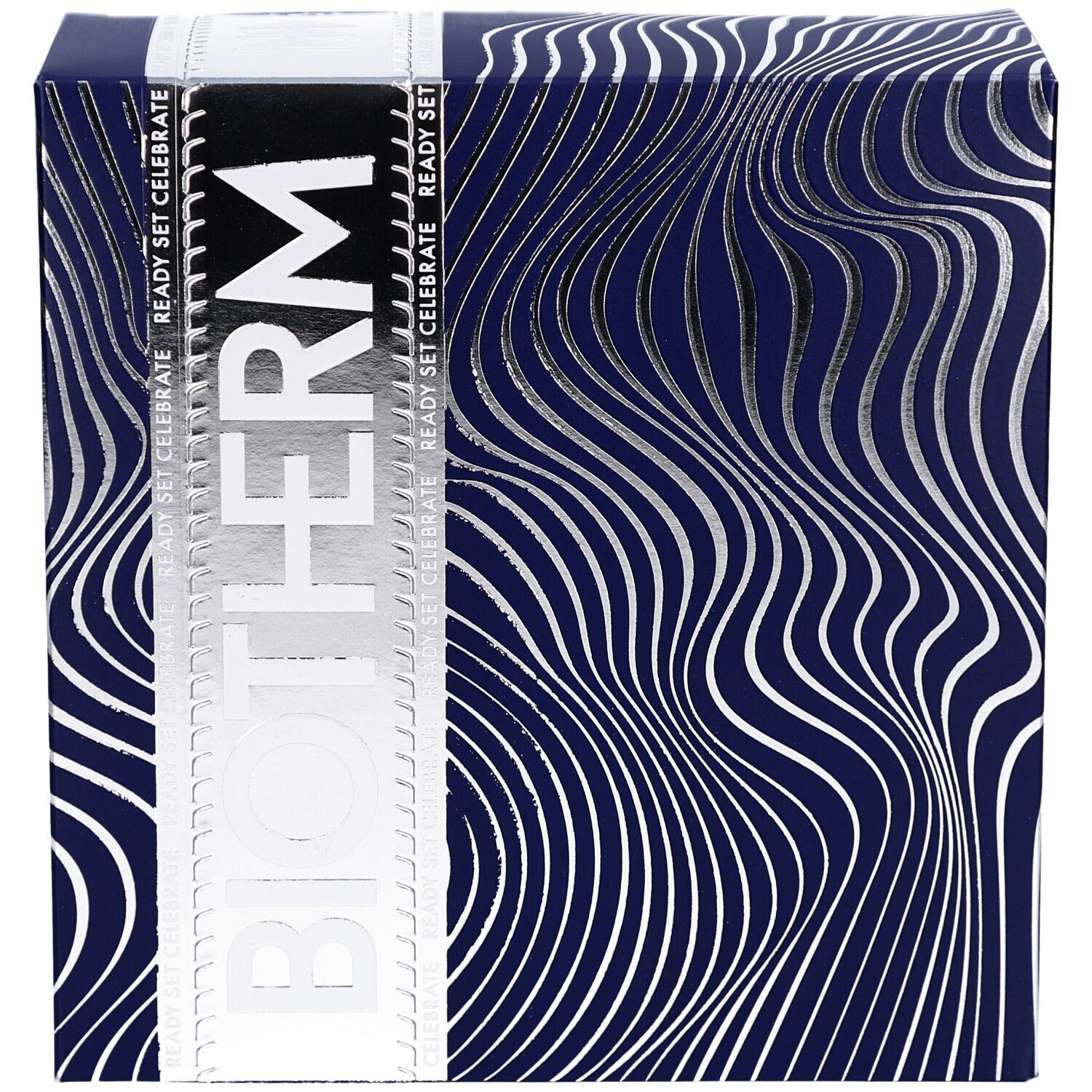 Coffret cadeau avec motif ondulé et logo BIOTHERM. Inscription "READY SET CELEBRATE".