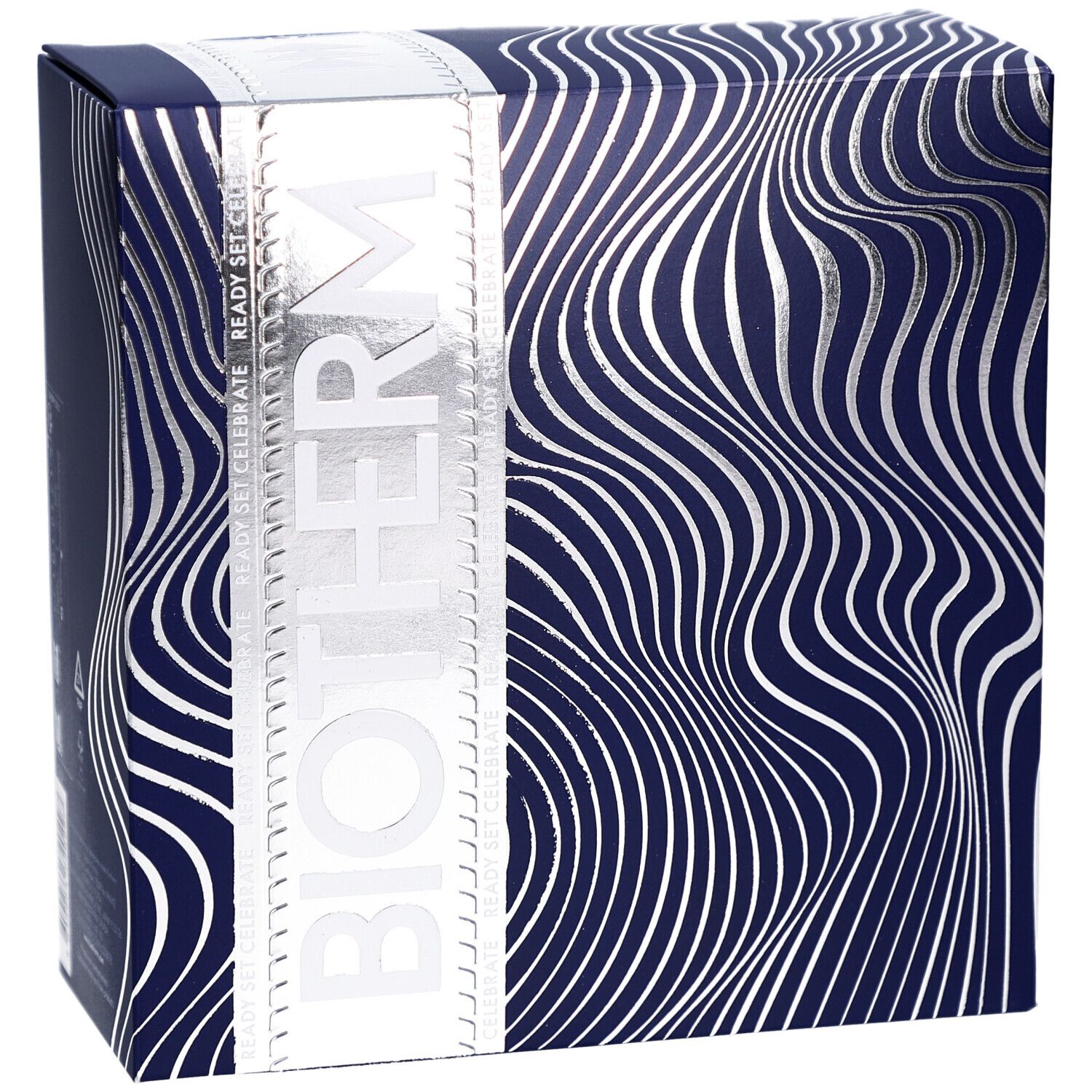 Coffret cadeau avec motif ondulé et logo BIOTHERM. Inscription "READY SET CELEBRATE".