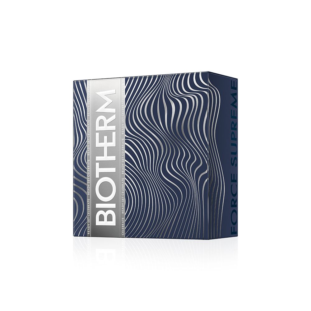 Coffret BIOTHERM Force Supreme. Boîte bleue à motifs vagues et logo BIOTHERM argenté.