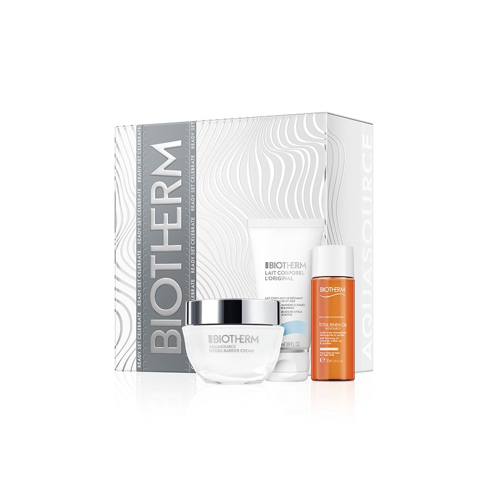 Coffret BIOTHERM avec crème, lotion et huile. Emballage blanc avec détails argentés. Produits visibles.