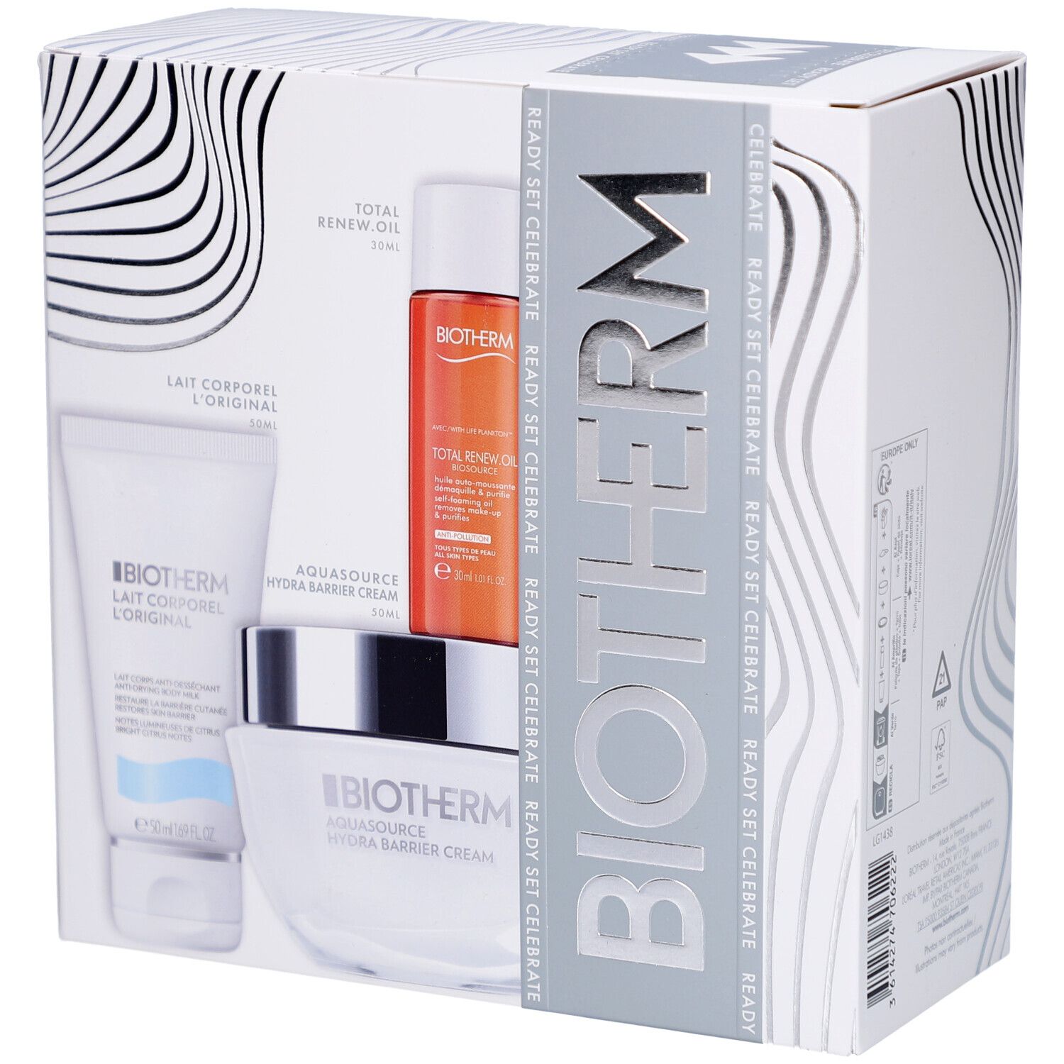 Coffret cadeau BIOTHERM. Contient des flacons et pots dans une boîte blanche à motifs ondulés et logo BIOTHERM.