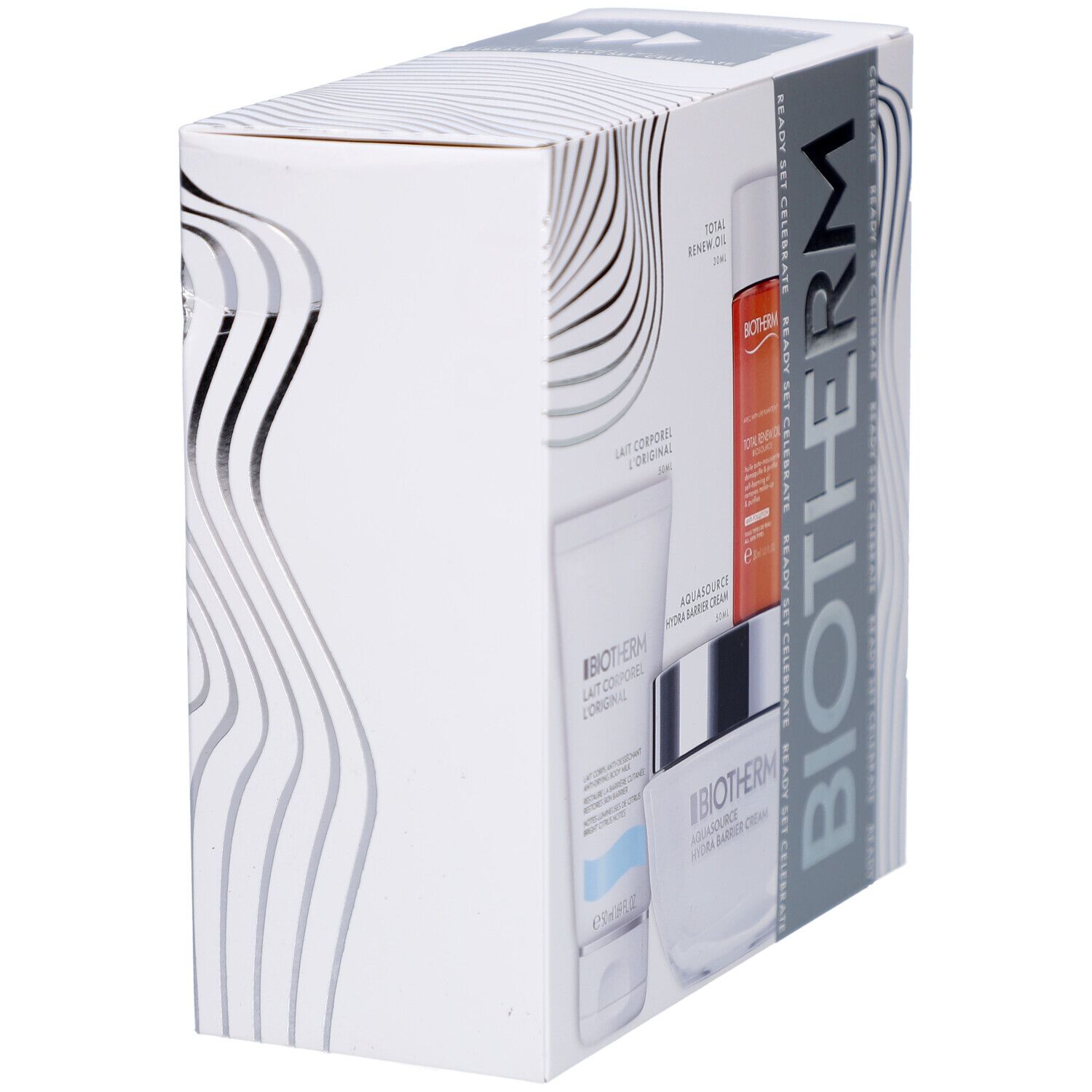 Boîte blanche BIOTHERM. Vue latérale avec motif ondulé et logo BIOTHERM. Contient des flacons et pots.