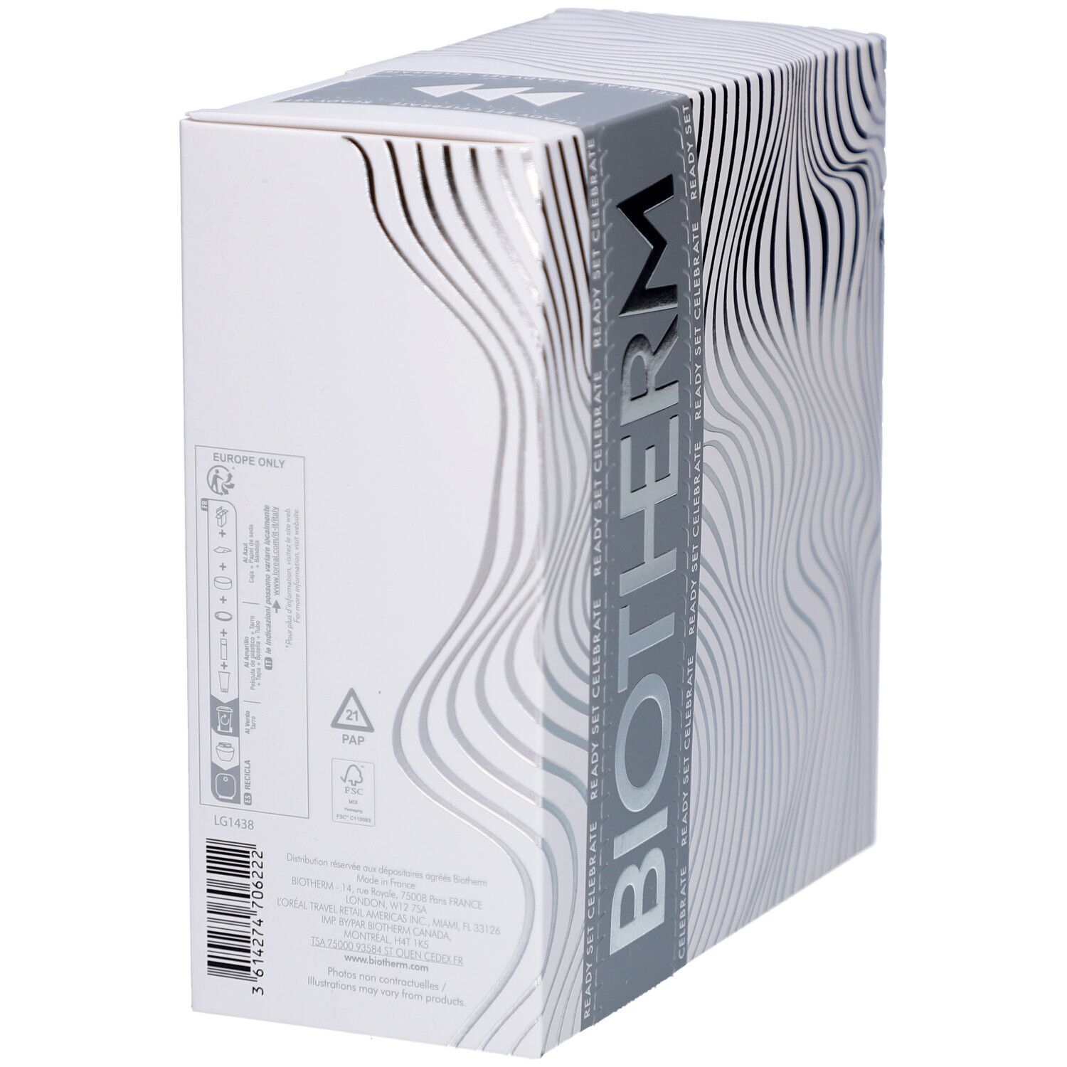 Boîte blanche avec motif ondulé et logo BIOTHERM. Dos avec informations et symboles de recyclage.