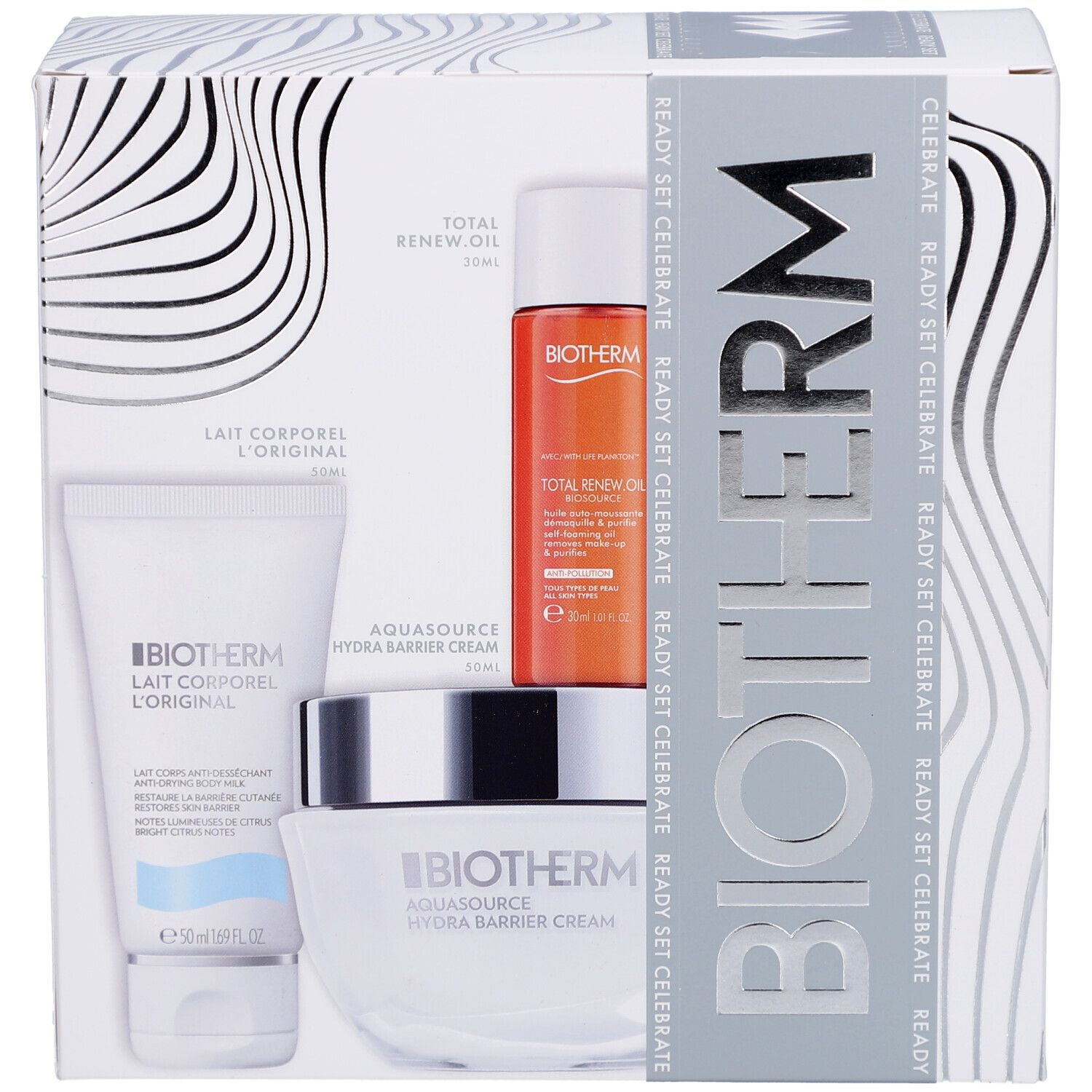 Coffret cadeau BIOTHERM. Contient des flacons et pots dans une boîte blanche à motifs ondulés et logo BIOTHERM.