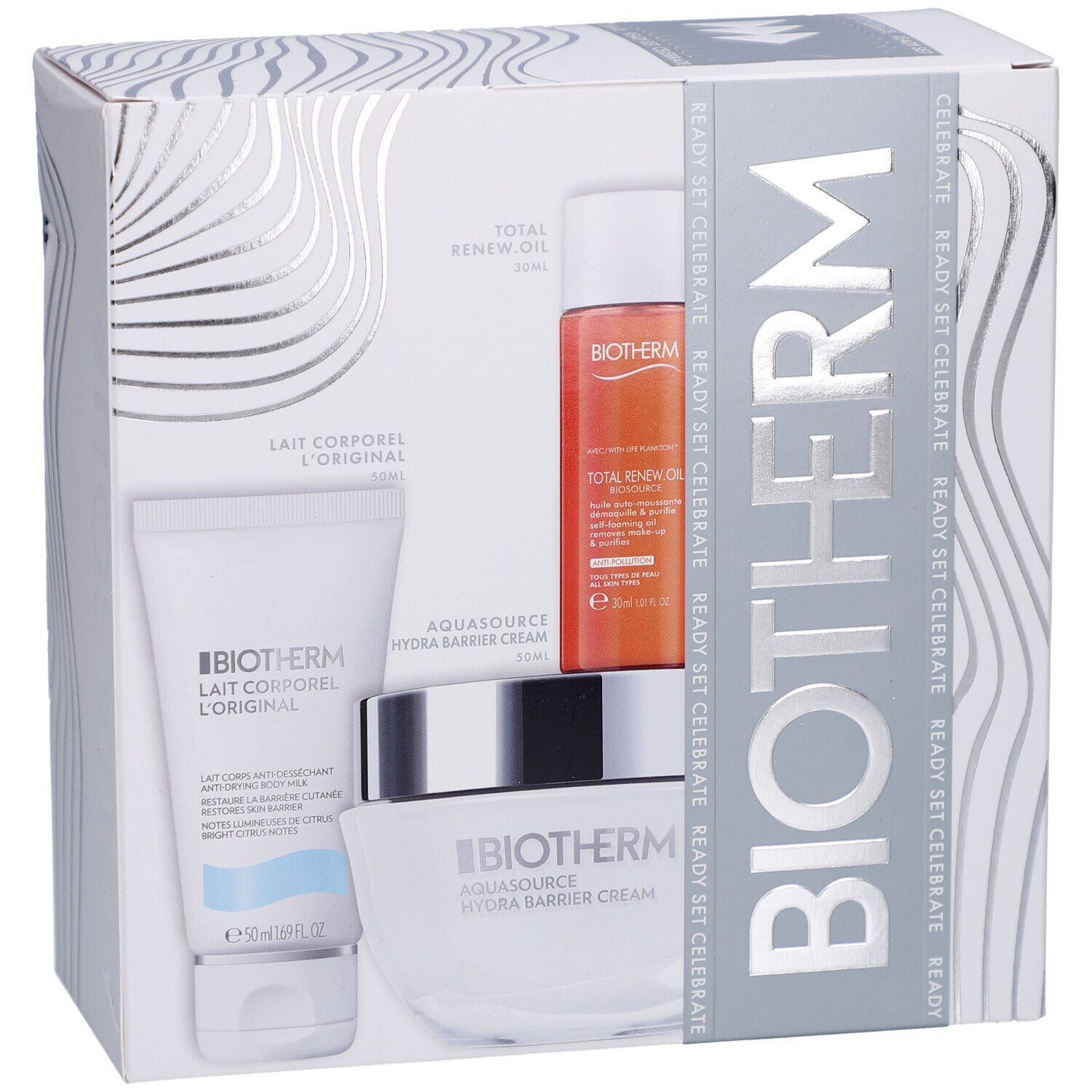 Coffret cadeau BIOTHERM. Contient des flacons et pots dans une boîte blanche à motifs ondulés et logo BIOTHERM.