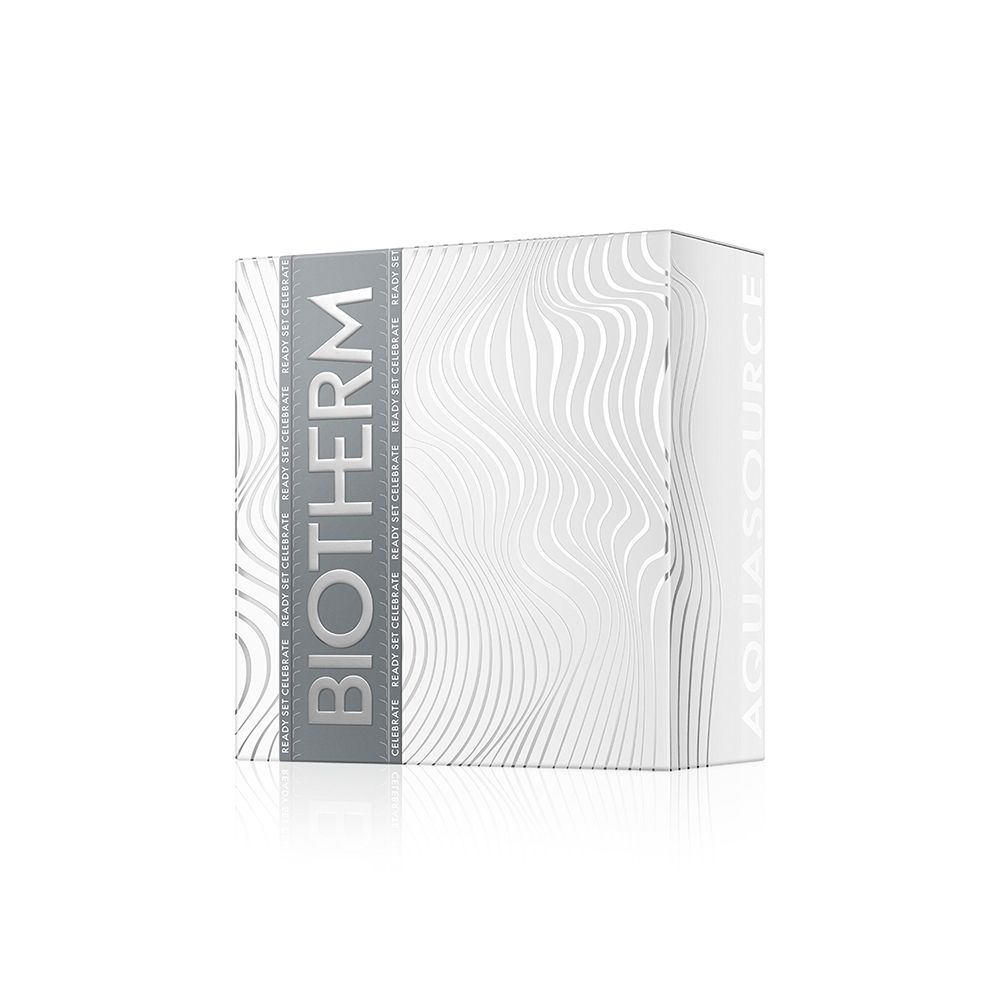 Boîte cadeau BIOTHERM blanche avec motif vagues argenté. Logo BIOTHERM et inscription AQUASOURCE.