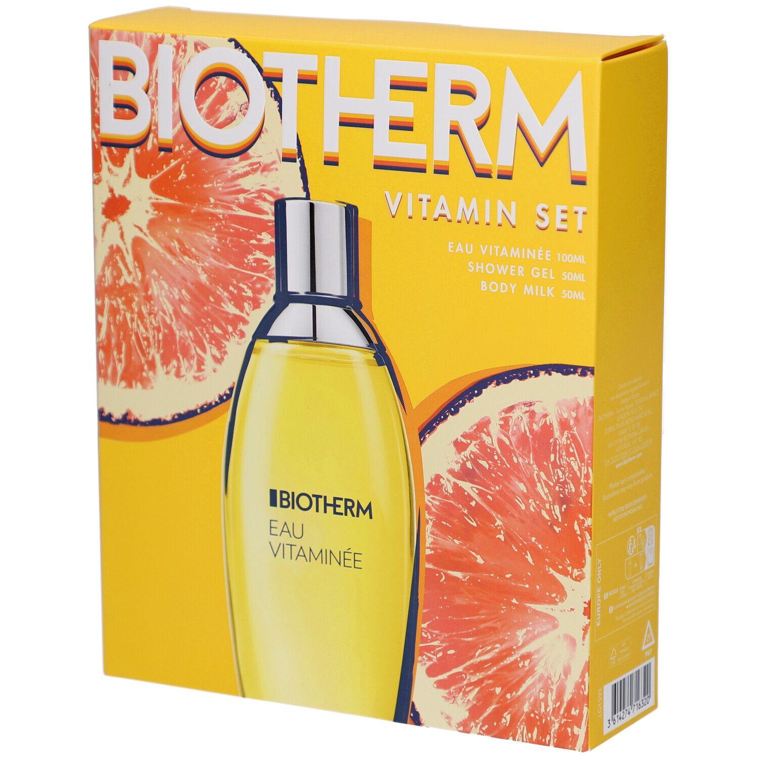 Boîte jaune avec logo BIOTHERM et nom du produit. Image d'une bouteille et fond de pamplemousse. Texte: Eau Vitaminée.