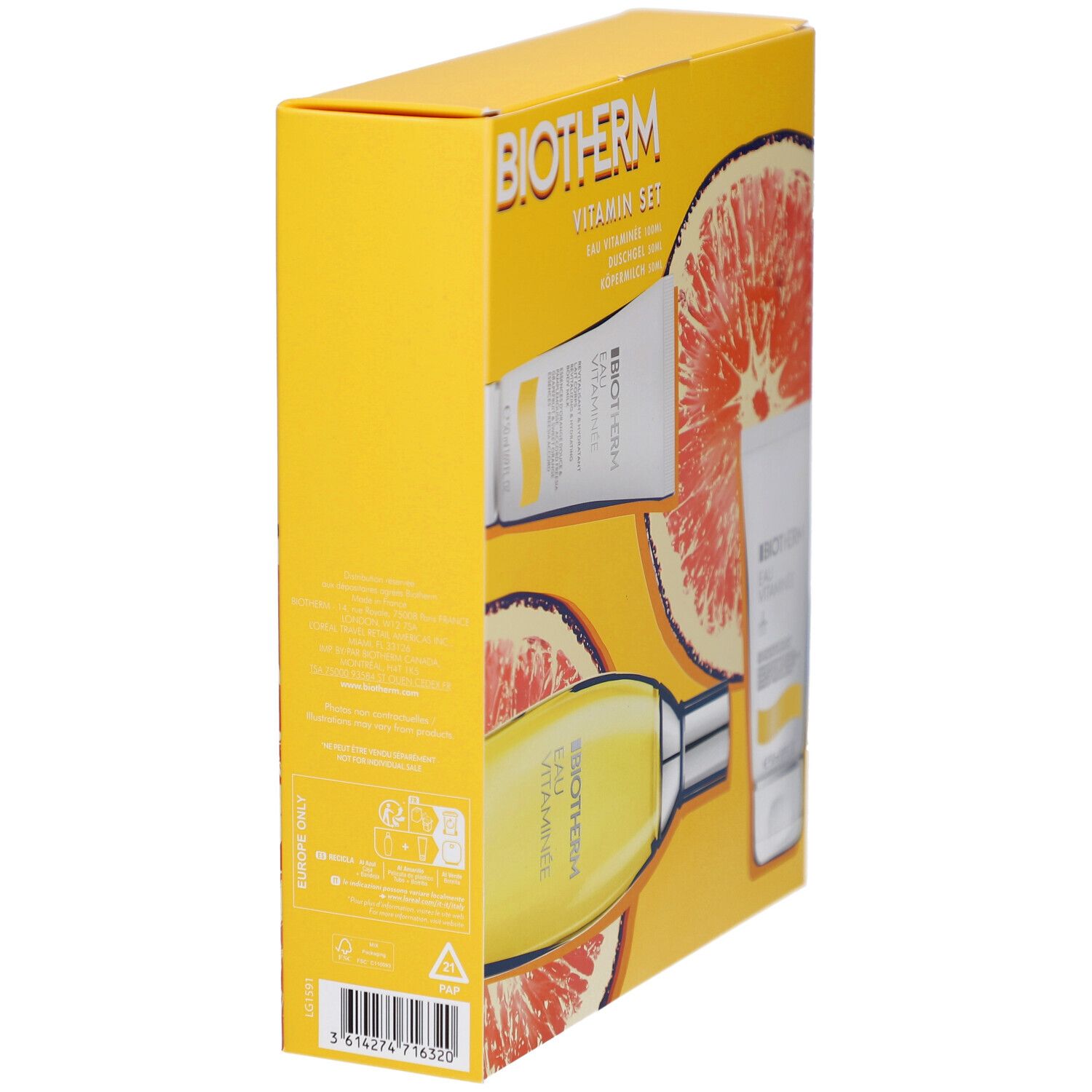 Boîte jaune, vue latérale. Logo BIOTHERM et nom du produit visibles. Contient flacon et tubes. Texte: Eau Vitaminée.