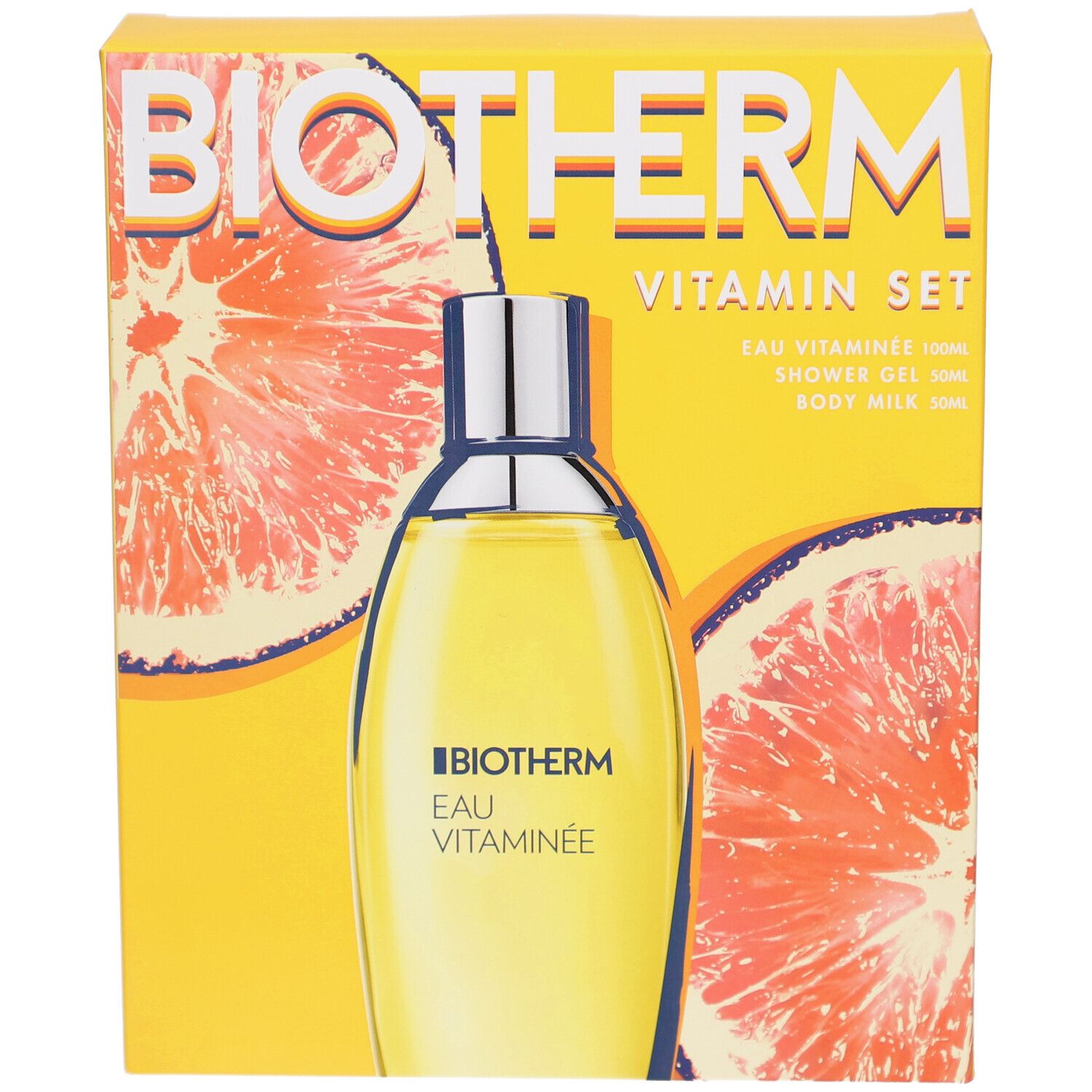 Boîte jaune avec logo BIOTHERM et nom du produit. Image d'une bouteille et fond de pamplemousse. Texte: Eau Vitaminée.