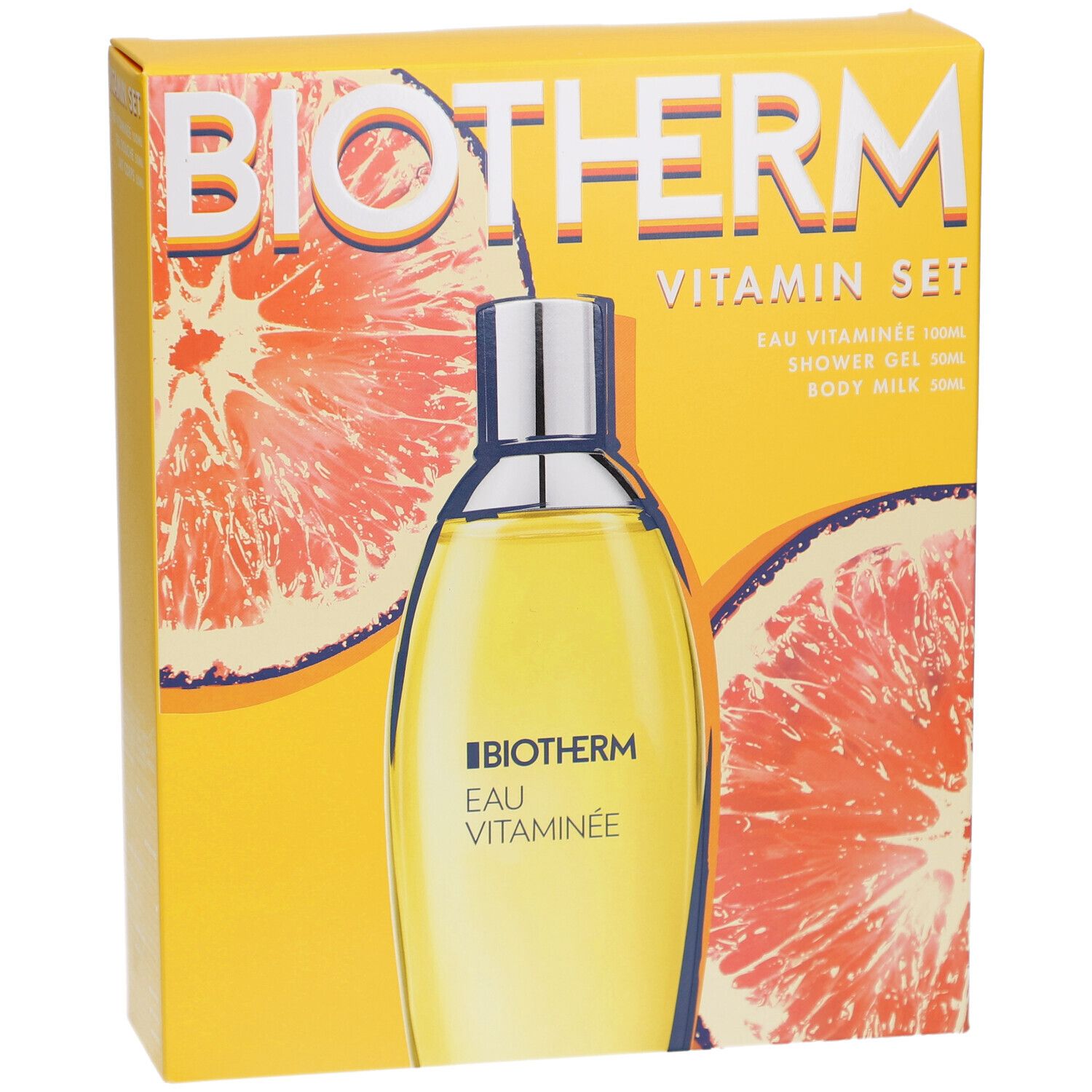 Boîte jaune avec logo BIOTHERM et nom du produit. Image d'une bouteille et fond de pamplemousse. Texte: Eau Vitaminée.