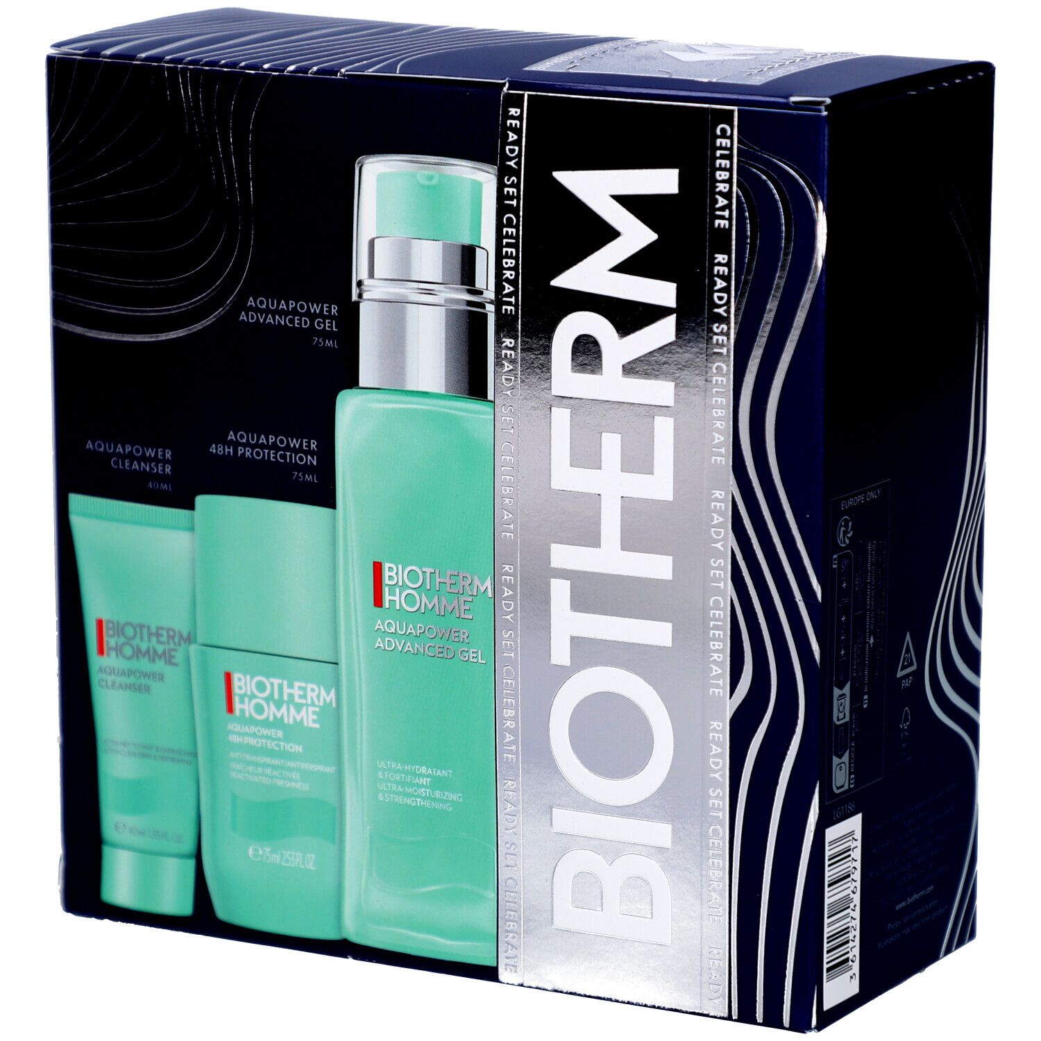 Coffret cadeau avec trois produits et un flacon. Emballage bleu avec accents argentés. Inscription "BIOTHERM" sur l'emballage.