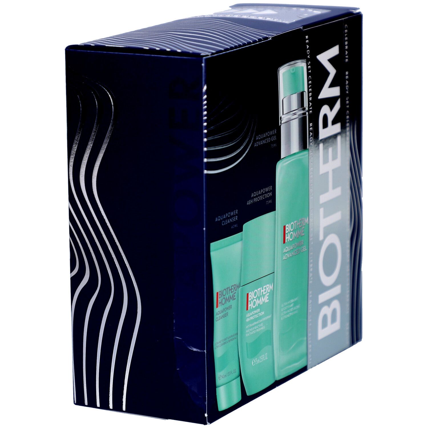 Coffret cadeau bleu avec motifs ondulés argentés. Contient trois produits et un flacon. Inscription "BIOTHERM".