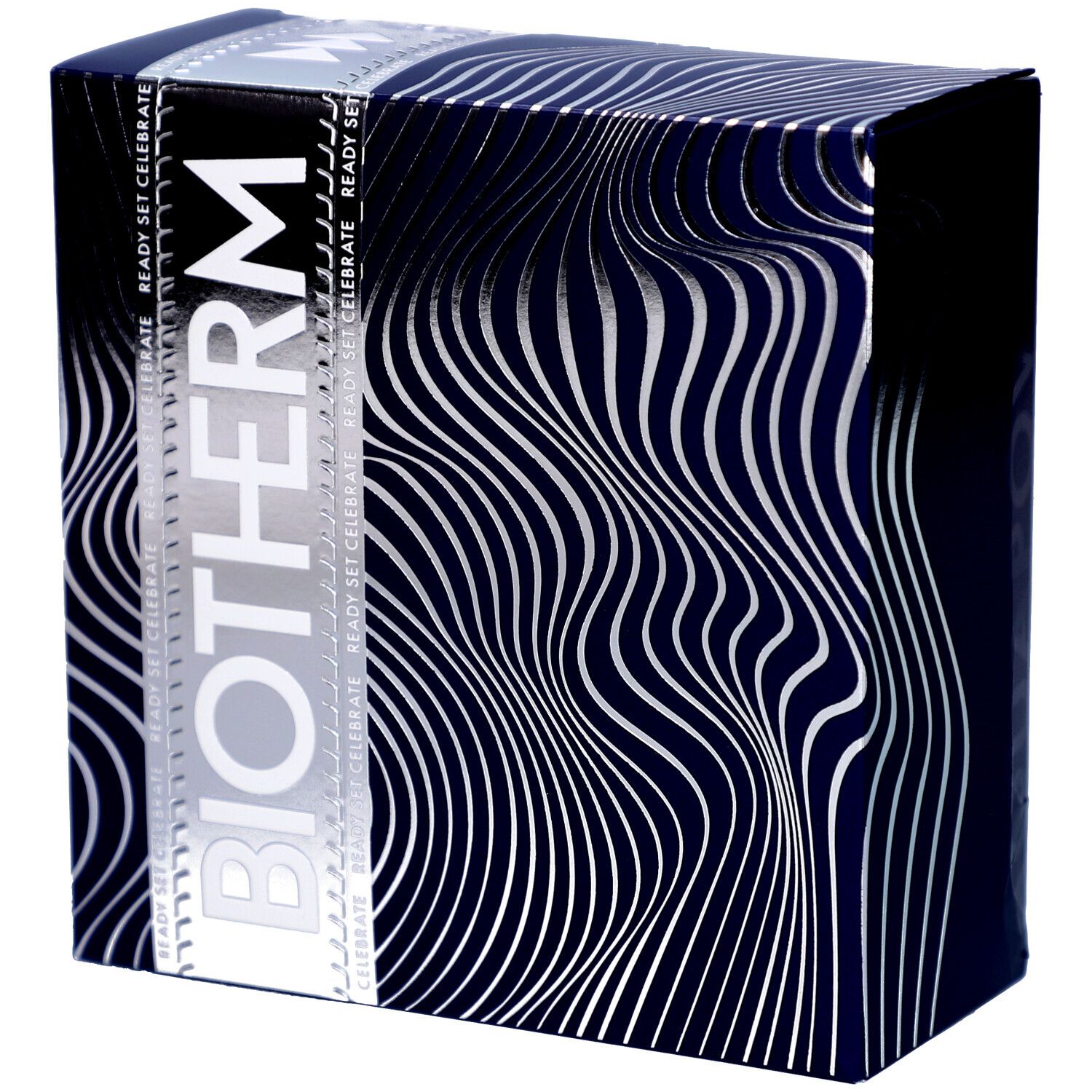 Coffret cadeau bleu avec motifs ondulés argentés. Inscription "BIOTHERM" en grand. "READY SET CELEBRATE" visible.