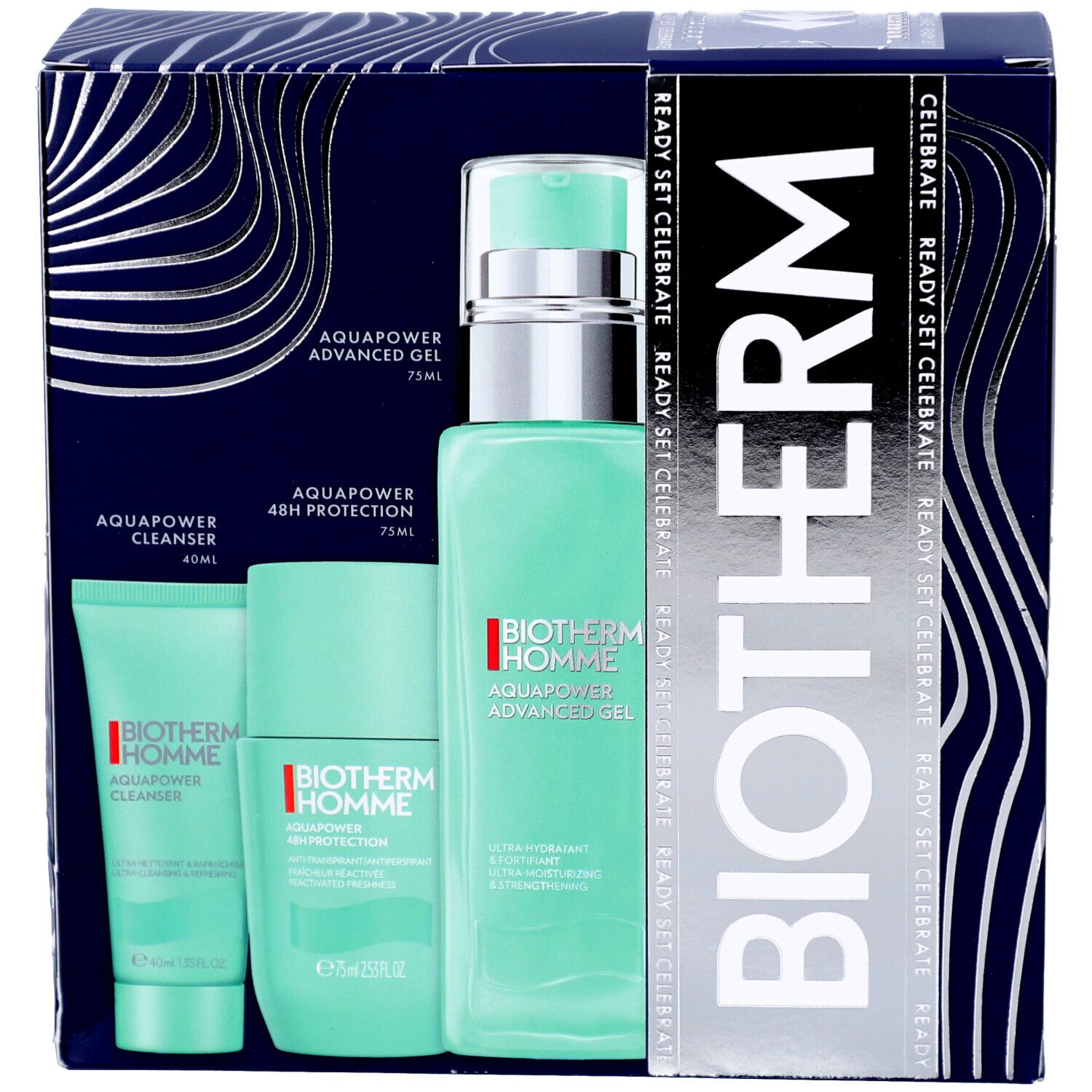 Coffret cadeau avec trois produits et un flacon. Emballage bleu. Inscription "BIOTHERM" sur l'emballage.