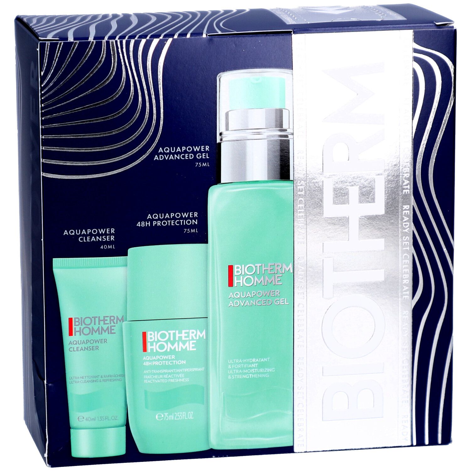 Coffret cadeau avec trois produits et un flacon. Emballage bleu. Inscription "BIOTHERM" sur l'emballage.
