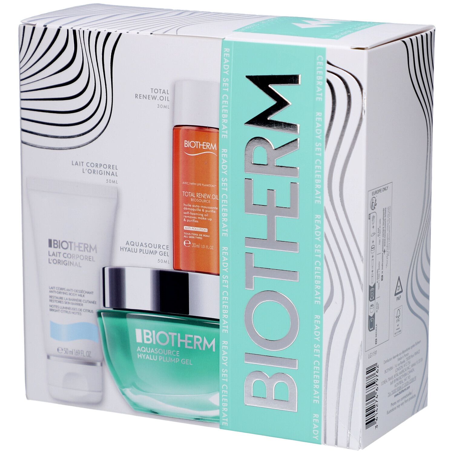 Coffret BIOTHERM. Contient des flacons et un pot dans une boîte blanche à motifs ondulés et le logo BIOTHERM.