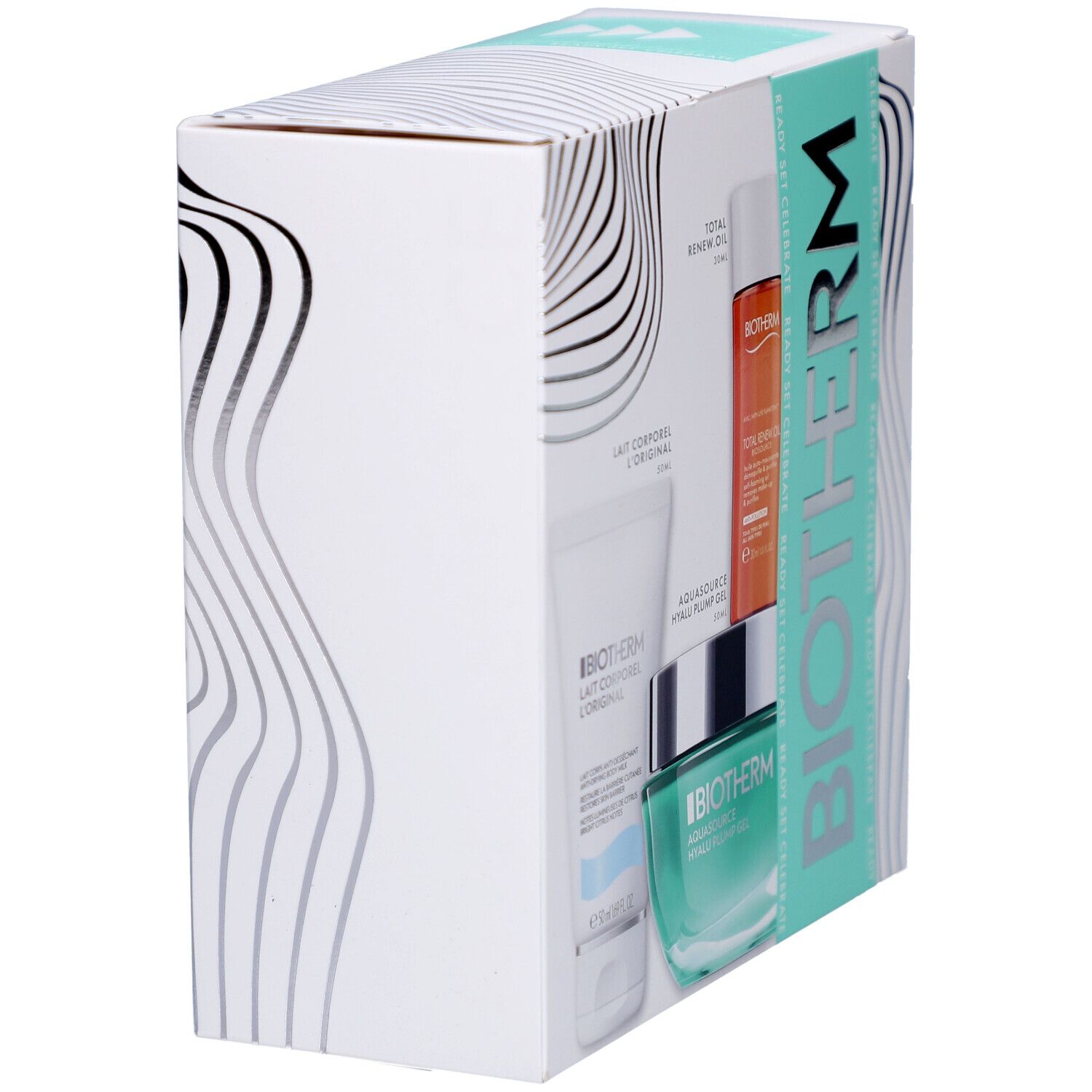 Coffret BIOTHERM dans une boîte blanche. Des produits sont visibles sur le côté, avec le logo BIOTHERM et un motif ondulé.
