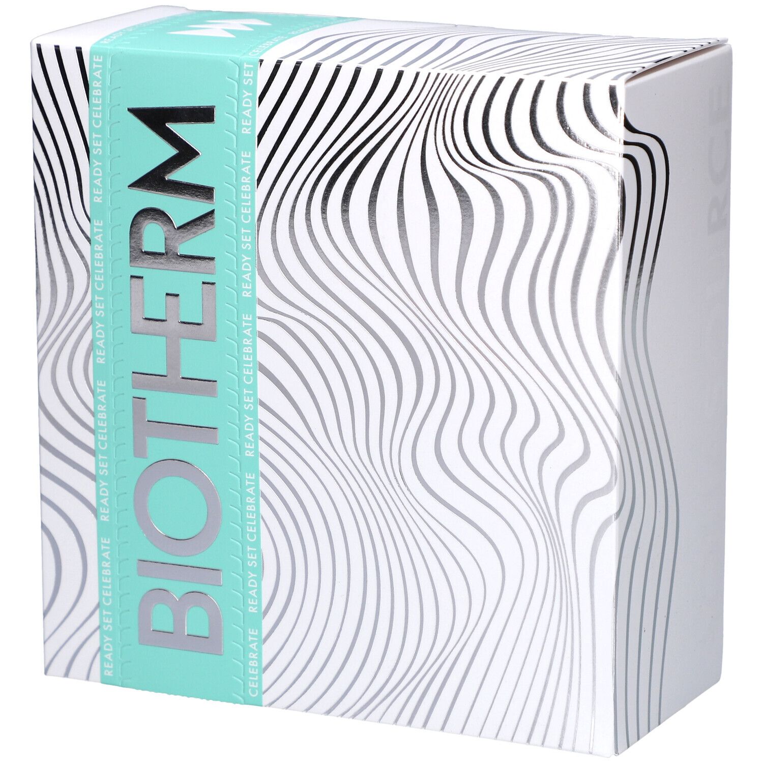 Boîte blanche à motifs ondulés et logo BIOTHERM. Ruban turquoise avec l'inscription READY SET CELEBRATE.