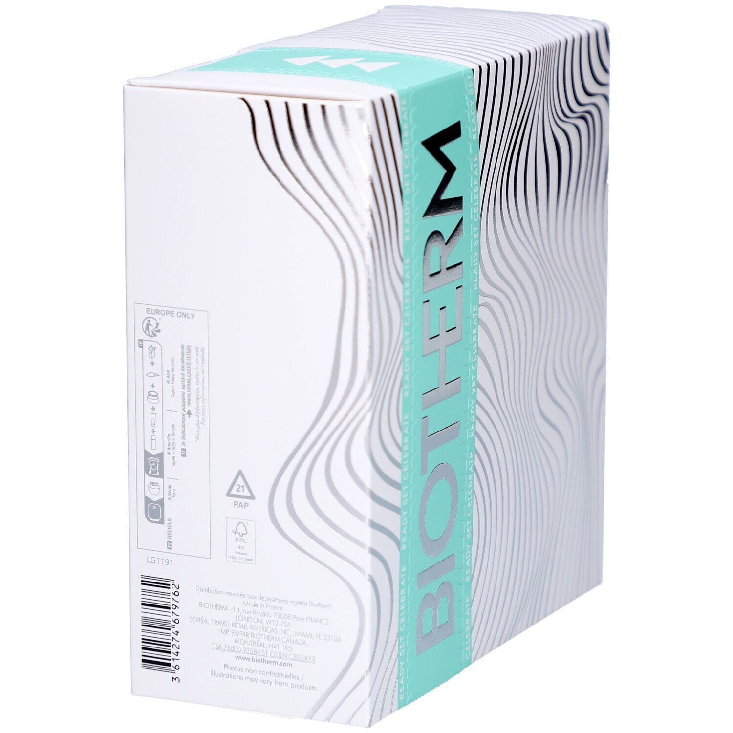 Boîte blanche à motifs ondulés et logo BIOTHERM. Informations et logos imprimés au dos.