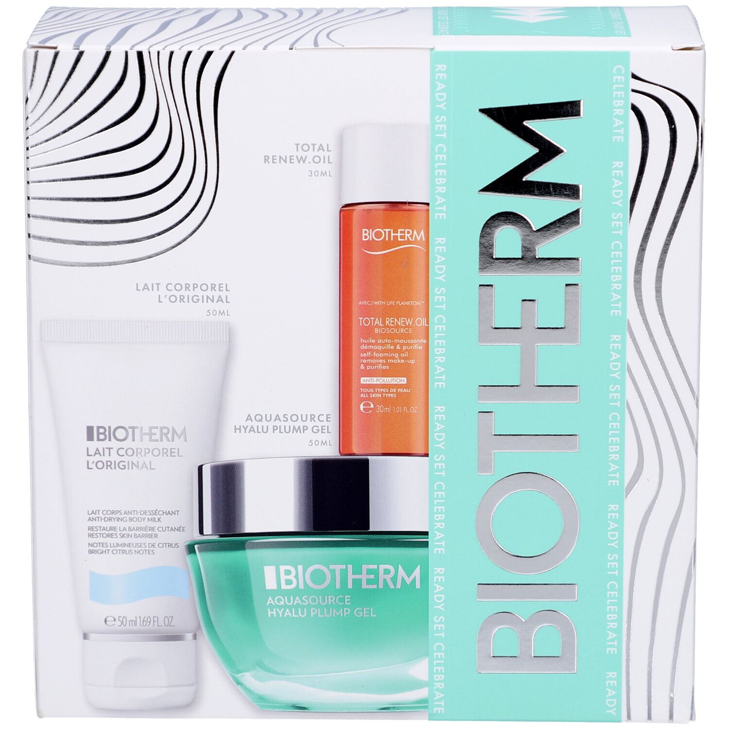 Coffret BIOTHERM. Contient des flacons et un pot dans une boîte blanche à motifs ondulés et le logo BIOTHERM.