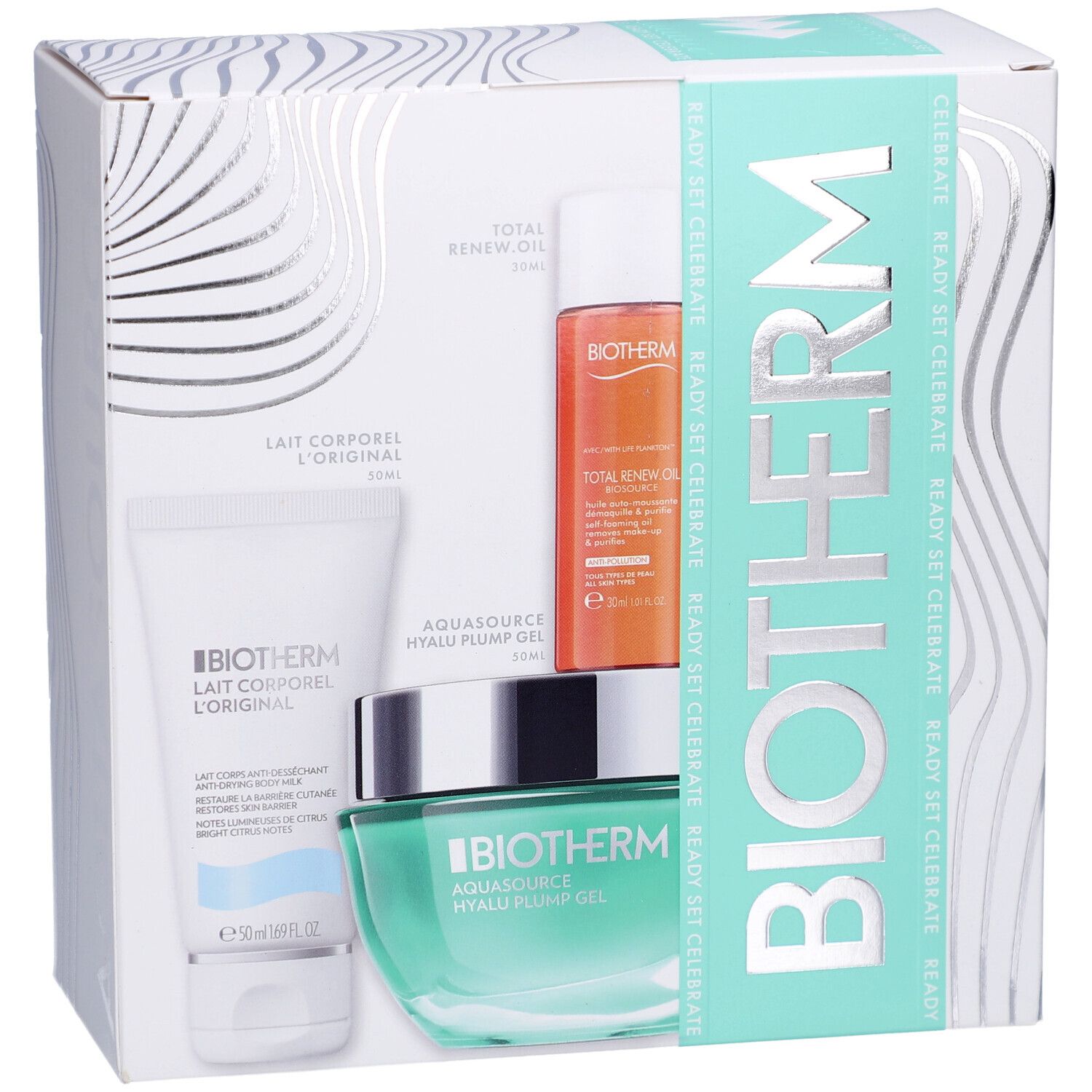 Coffret BIOTHERM dans une boîte blanche. Des produits sont visibles sur le côté, avec le logo BIOTHERM et un motif ondulé.