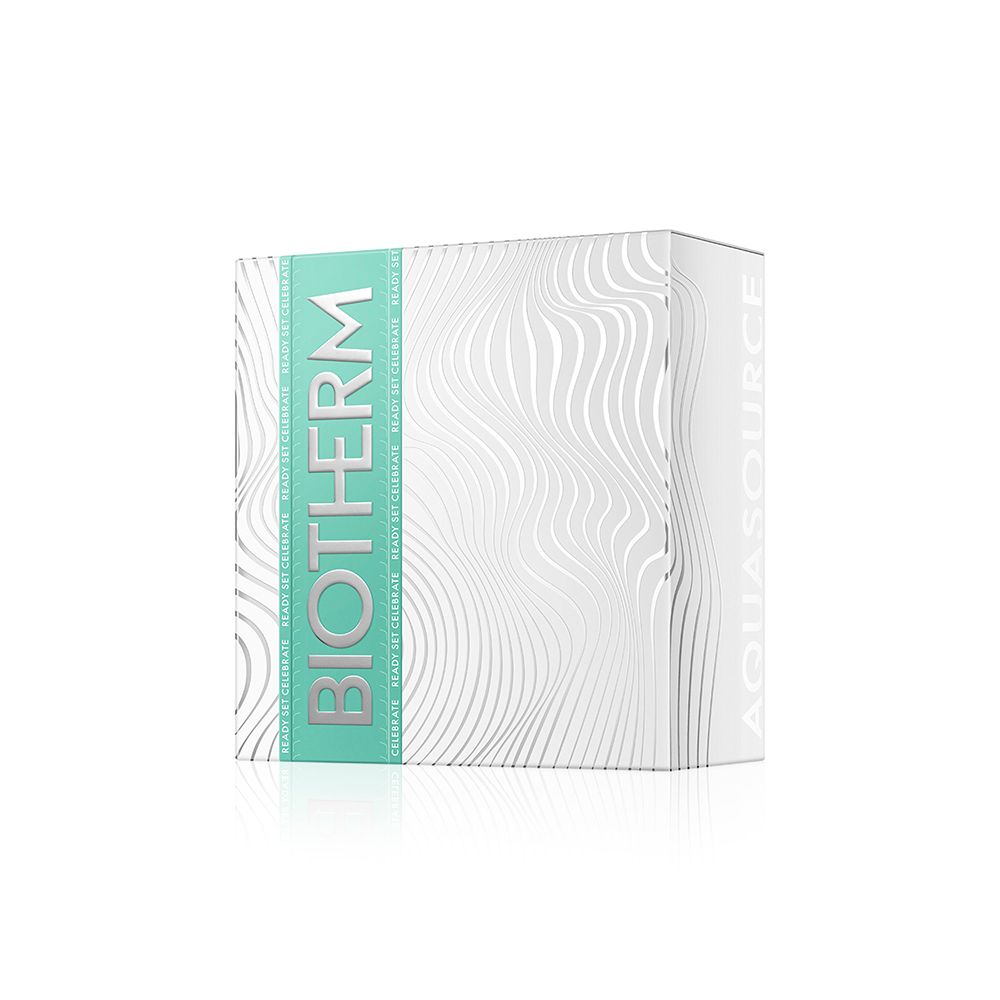 Boîte cadeau BIOTHERM. Blanc avec motif ondulé. Inscription BIOTHERM sur ruban vert. Inscription AQUASOURCE.