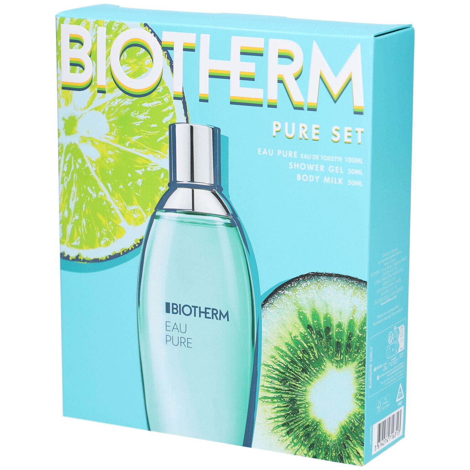 Coffret bleu clair BIOTHERM Eau Pure. Contient une bouteille et des illustrations de fruits. Inscriptions en blanc.