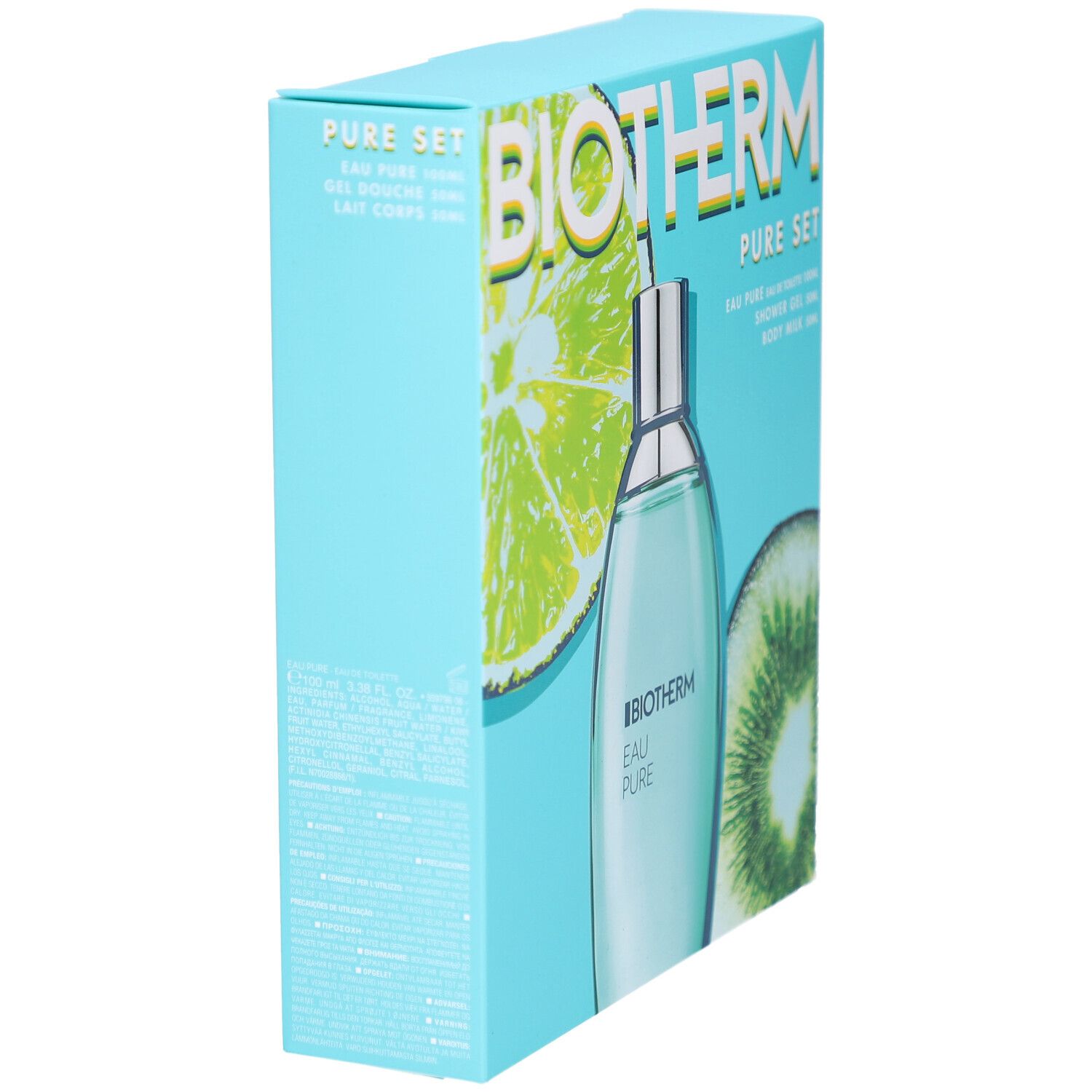 Coffret bleu clair BIOTHERM Eau Pure, vue latérale. Contient une bouteille et des illustrations de fruits.