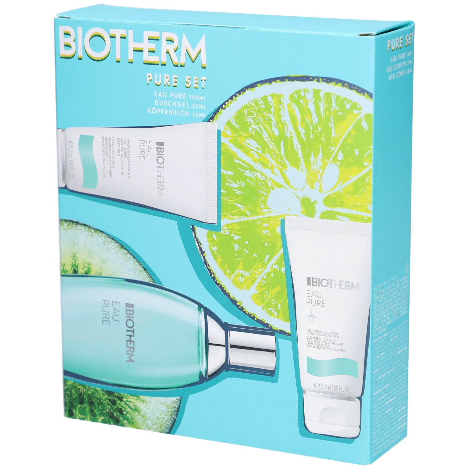 Coffret bleu clair BIOTHERM Eau Pure. Contient Eau Pure, gel douche et lait corporel. Illustrations de fruits.