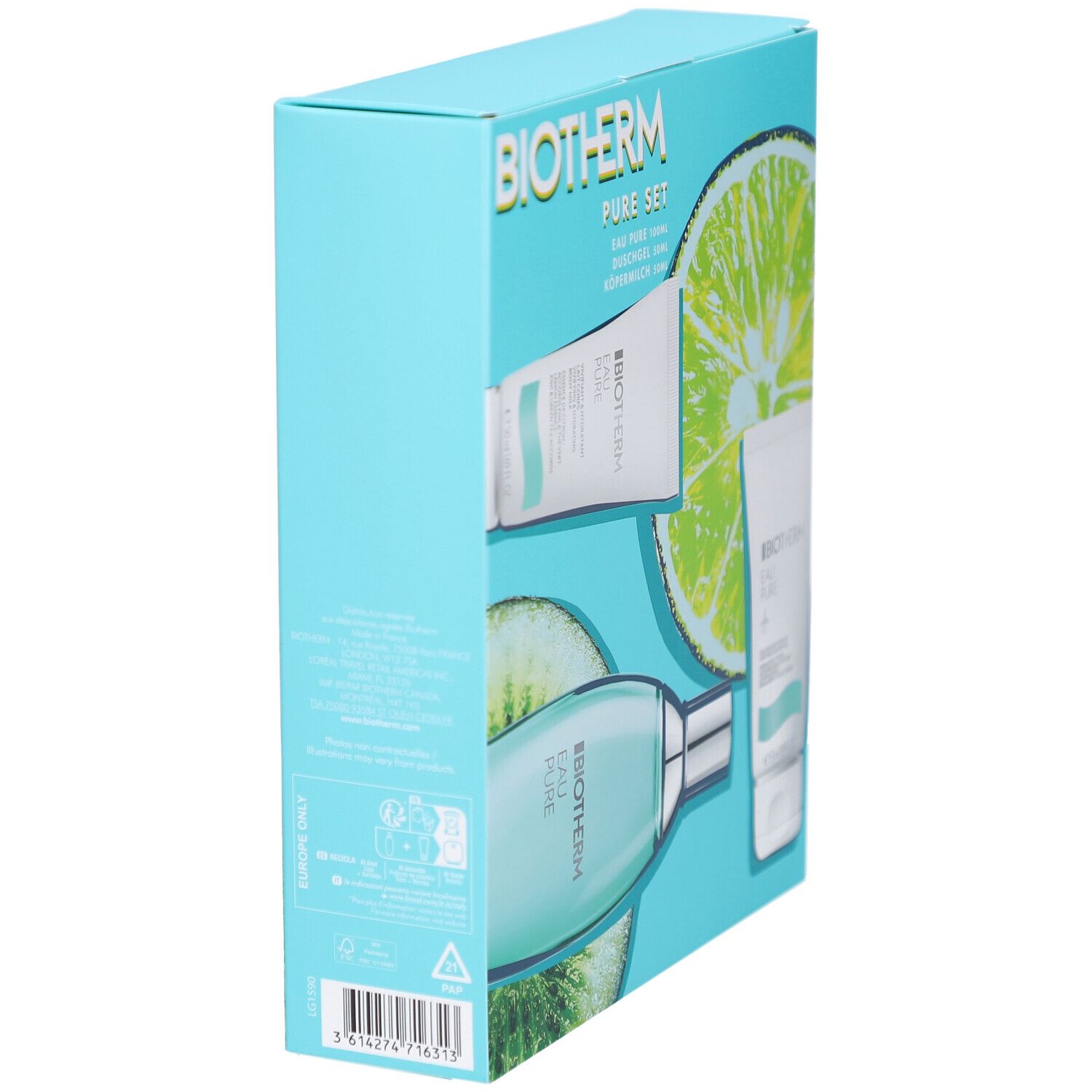 Coffret bleu clair BIOTHERM Eau Pure, vue latérale. Contient des produits et des illustrations de fruits.