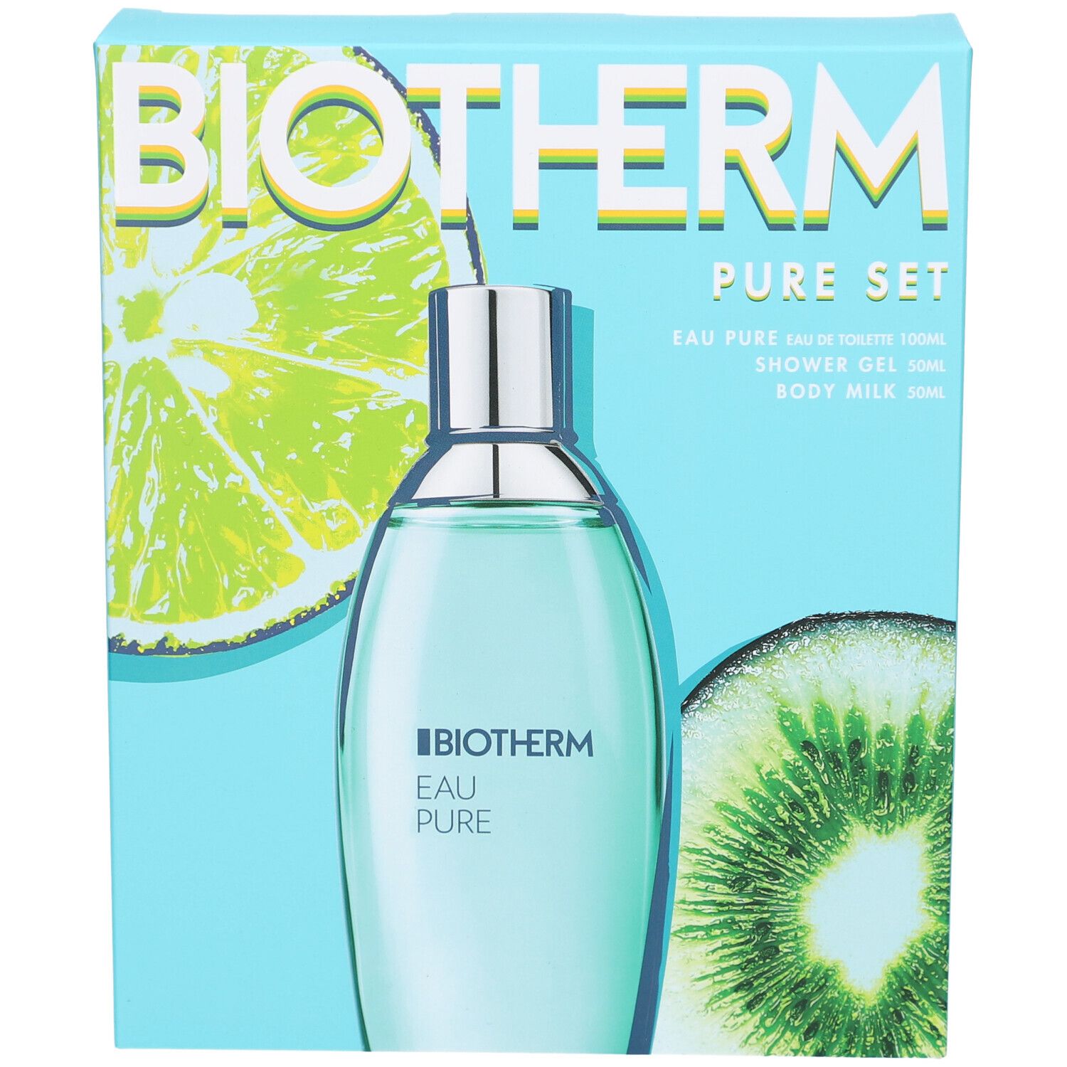 Coffret bleu clair BIOTHERM Eau Pure. Contient Eau Pure, gel douche et lait corporel. Illustrations de fruits.