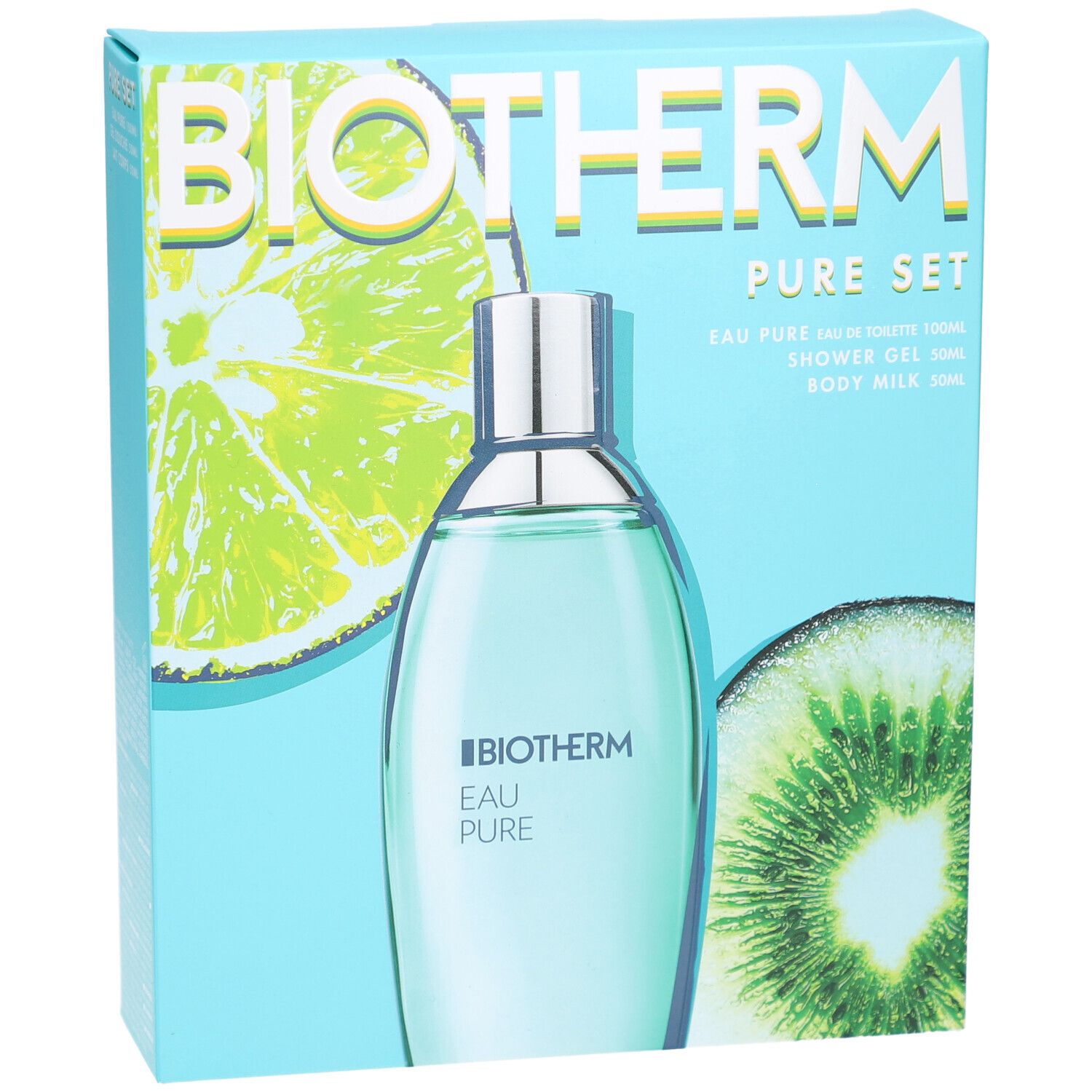 Coffret bleu clair BIOTHERM Eau Pure. Contient Eau Pure, gel douche et lait corporel. Illustrations de fruits.