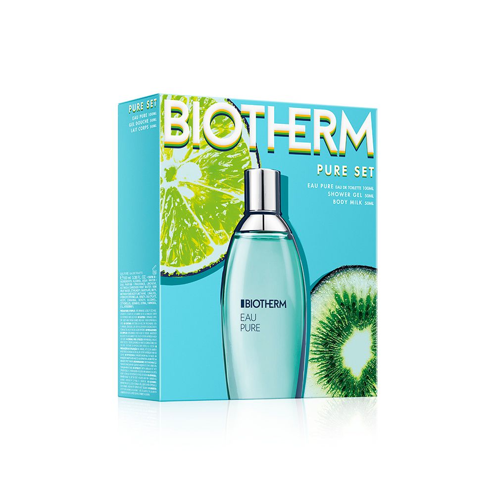 Coffret BIOTHERM Eau Pure. Flacon et boîte. Liquide turquoise. Boîte avec motifs citron vert et kiwi. Bouchon argenté.