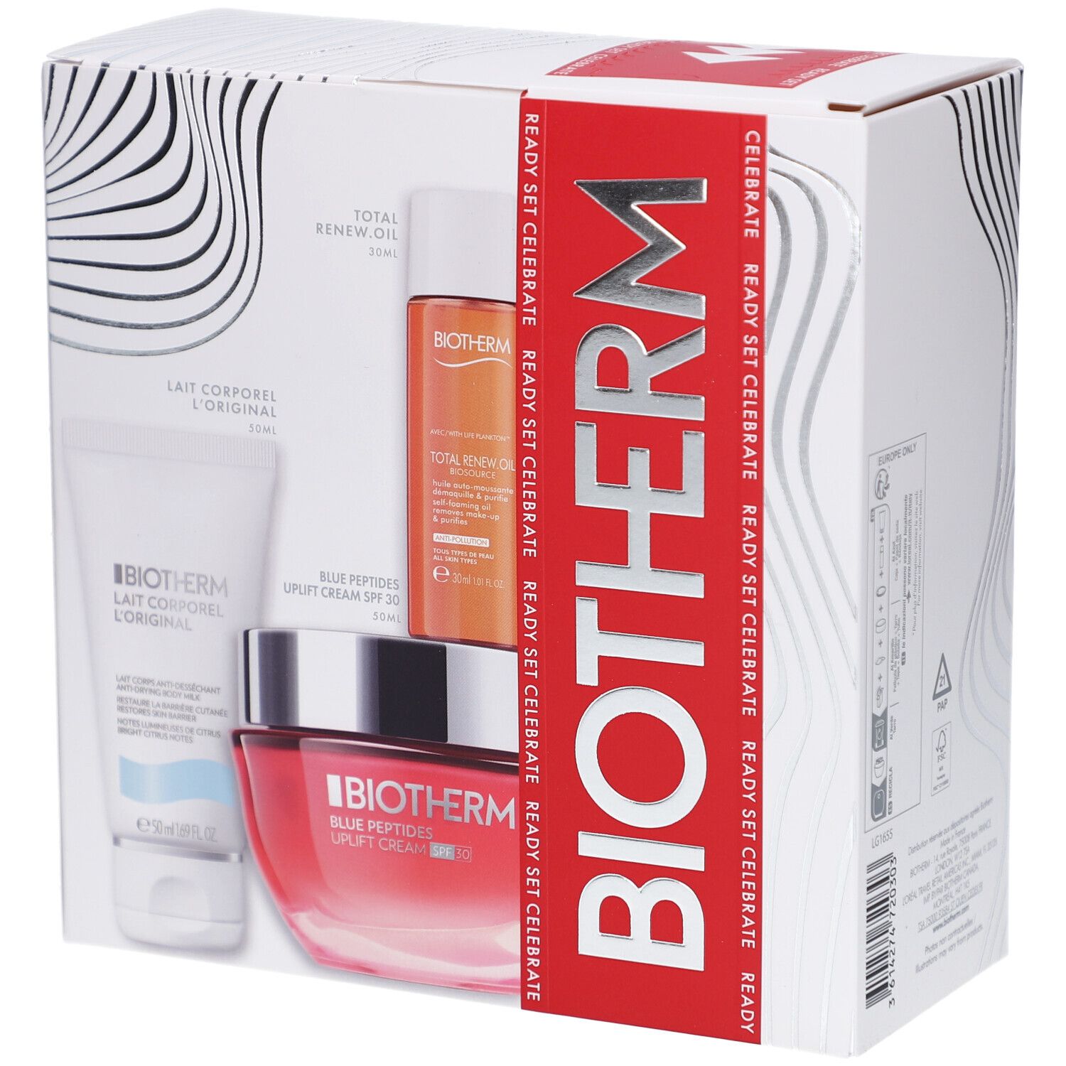 Coffret cadeau BIOTHERM. Contient crème, lotion et huile. Emballage avec logo et texte BIOTHERM.