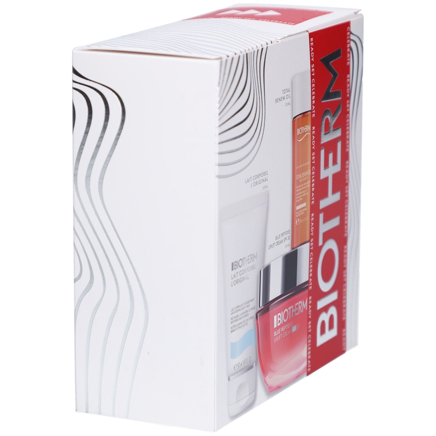 Boîte blanche avec logo BIOTHERM et produits à l'intérieur. Accents rouges avec texte READY SET CELEBRATE.