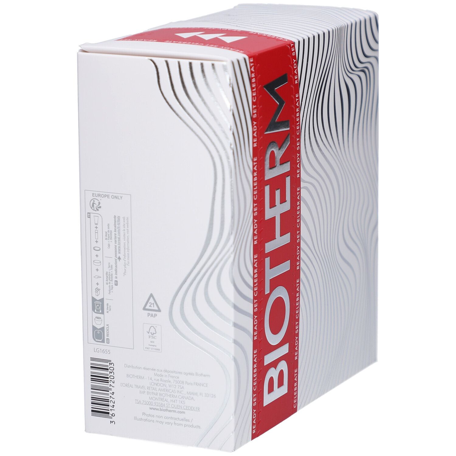 Dos d'une boîte blanche avec logo BIOTHERM. Contient informations et code-barres. Bande rouge avec logo.