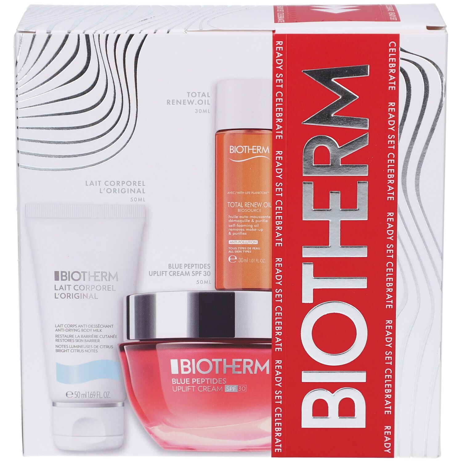 Coffret cadeau BIOTHERM. Contient crème, lotion et huile. Emballage avec logo et texte BIOTHERM.