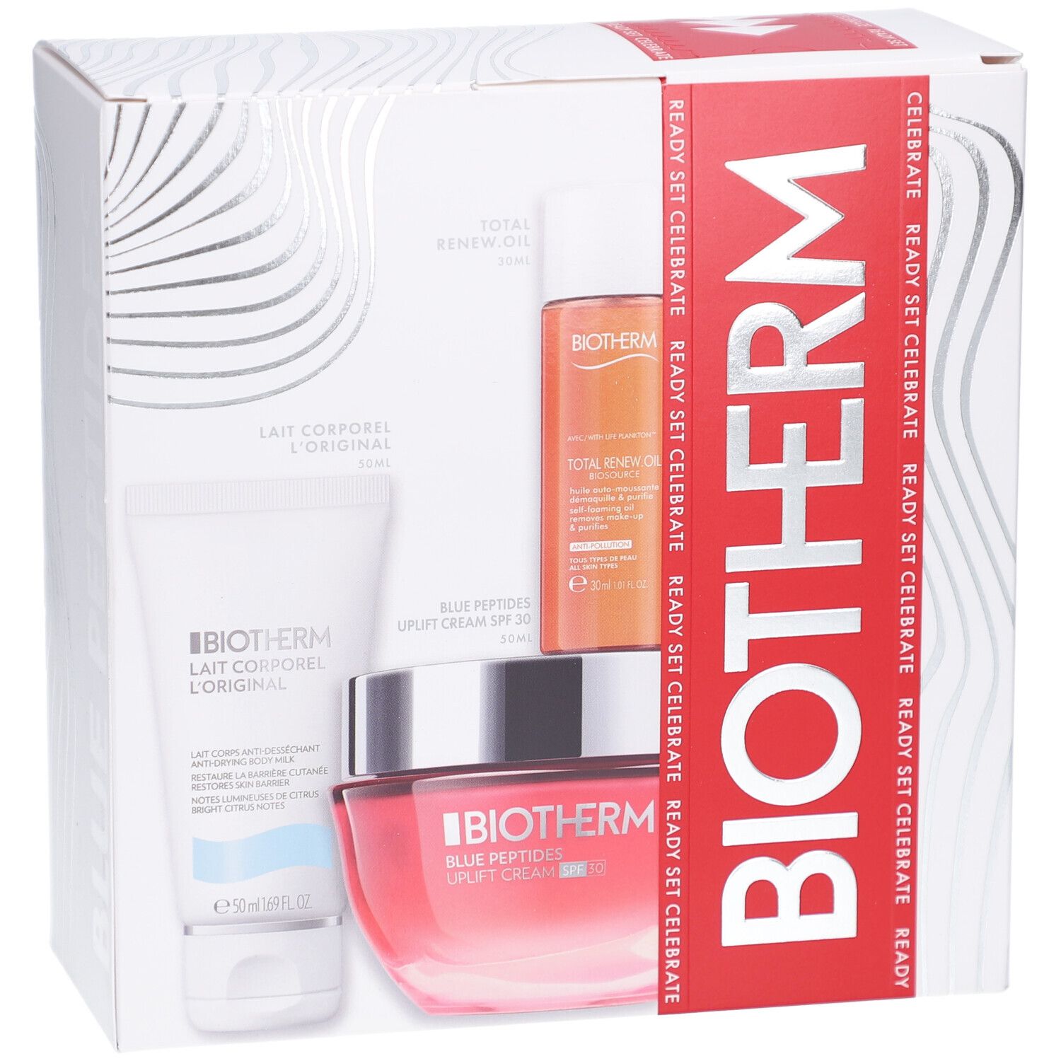 Coffret cadeau BIOTHERM. Contient crème, lotion et huile. Emballage avec logo et texte BIOTHERM.